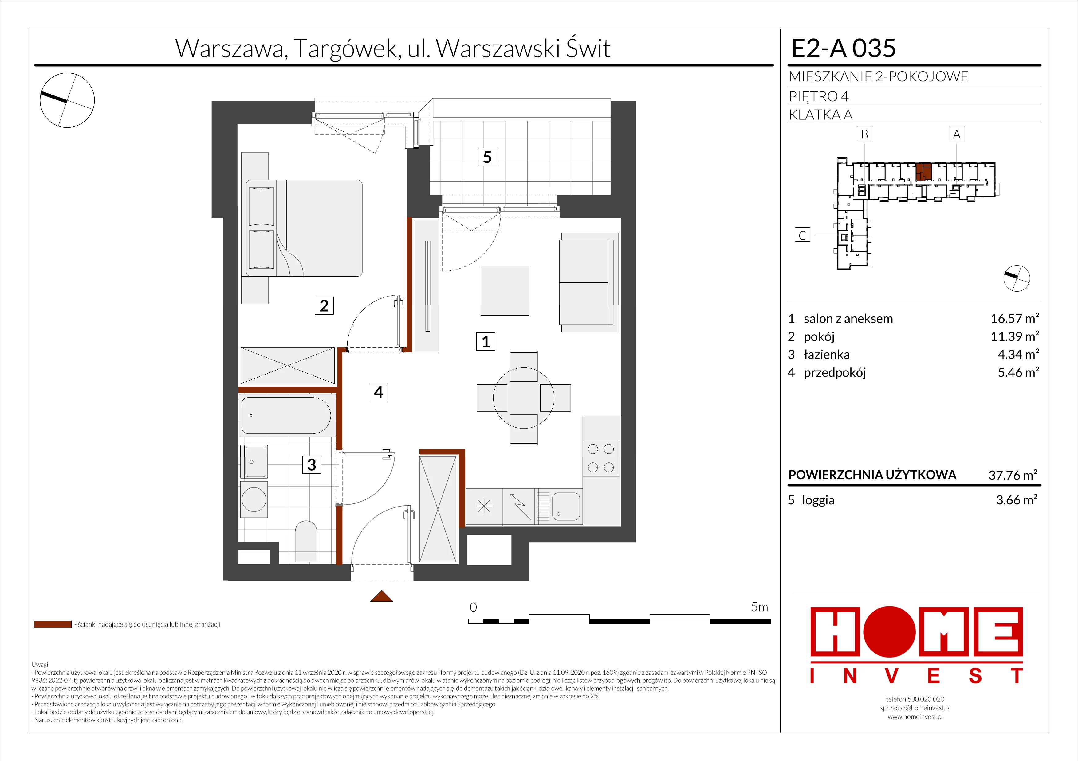 2 pokoje, mieszkanie 37,76 m², piętro 4, oferta nr E2-A035, Warszawski Świt Etap XI, Warszawa, Targówek, Bródno, ul. Warszawski Świt