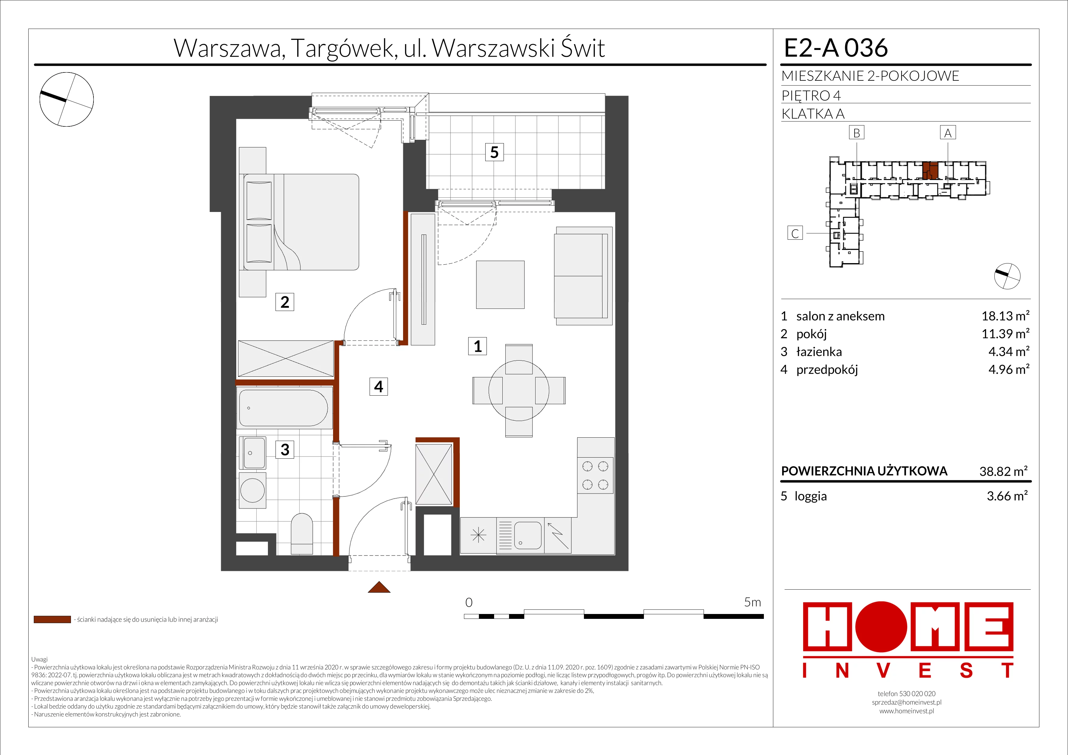 2 pokoje, mieszkanie 38,82 m², piętro 4, oferta nr E2-A036, Warszawski Świt Etap XI, Warszawa, Targówek, Bródno, ul. Warszawski Świt