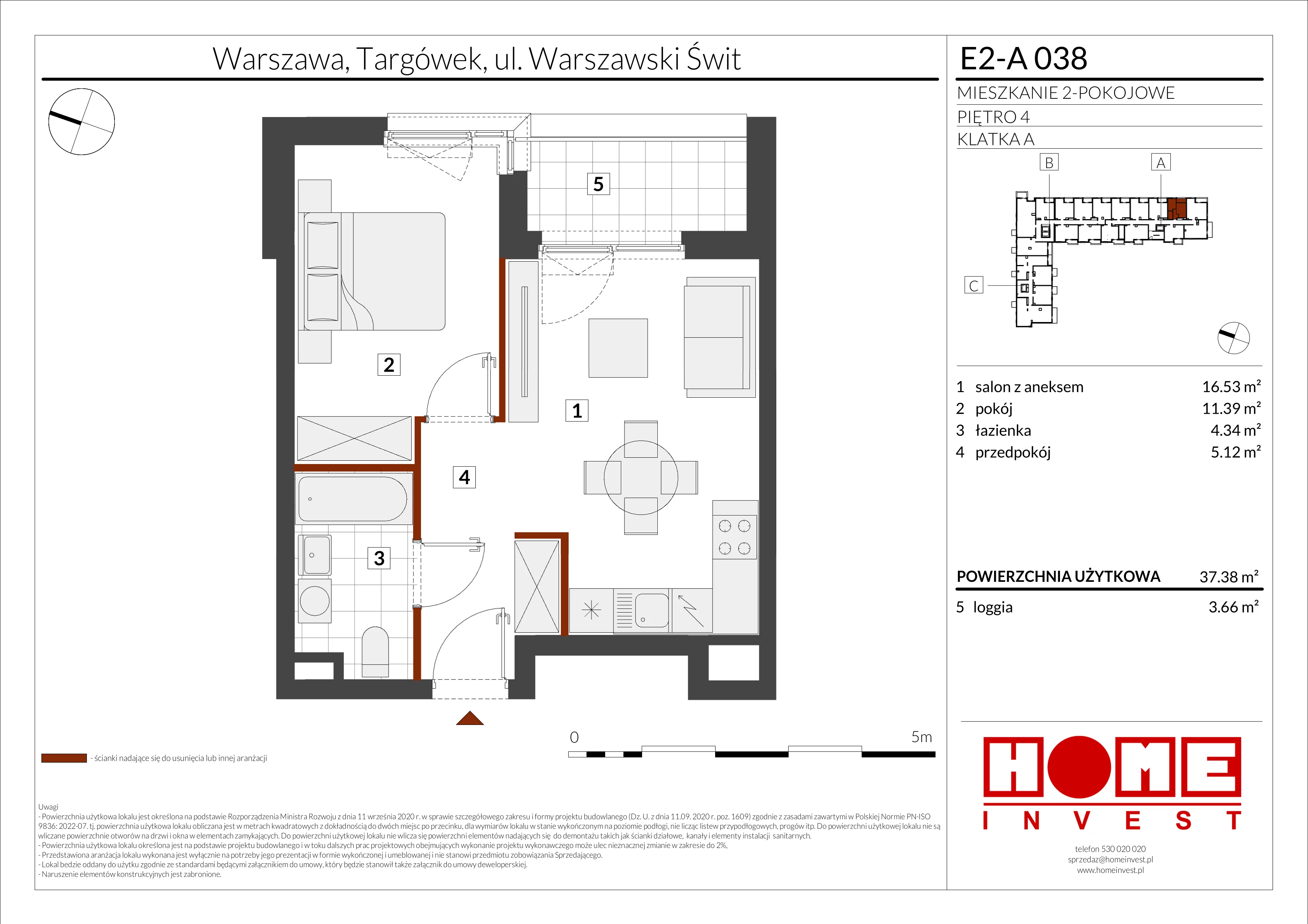 2 pokoje, mieszkanie 37,38 m², piętro 4, oferta nr E2-A038, Warszawski Świt Etap XI, Warszawa, Targówek, Bródno, ul. Warszawski Świt