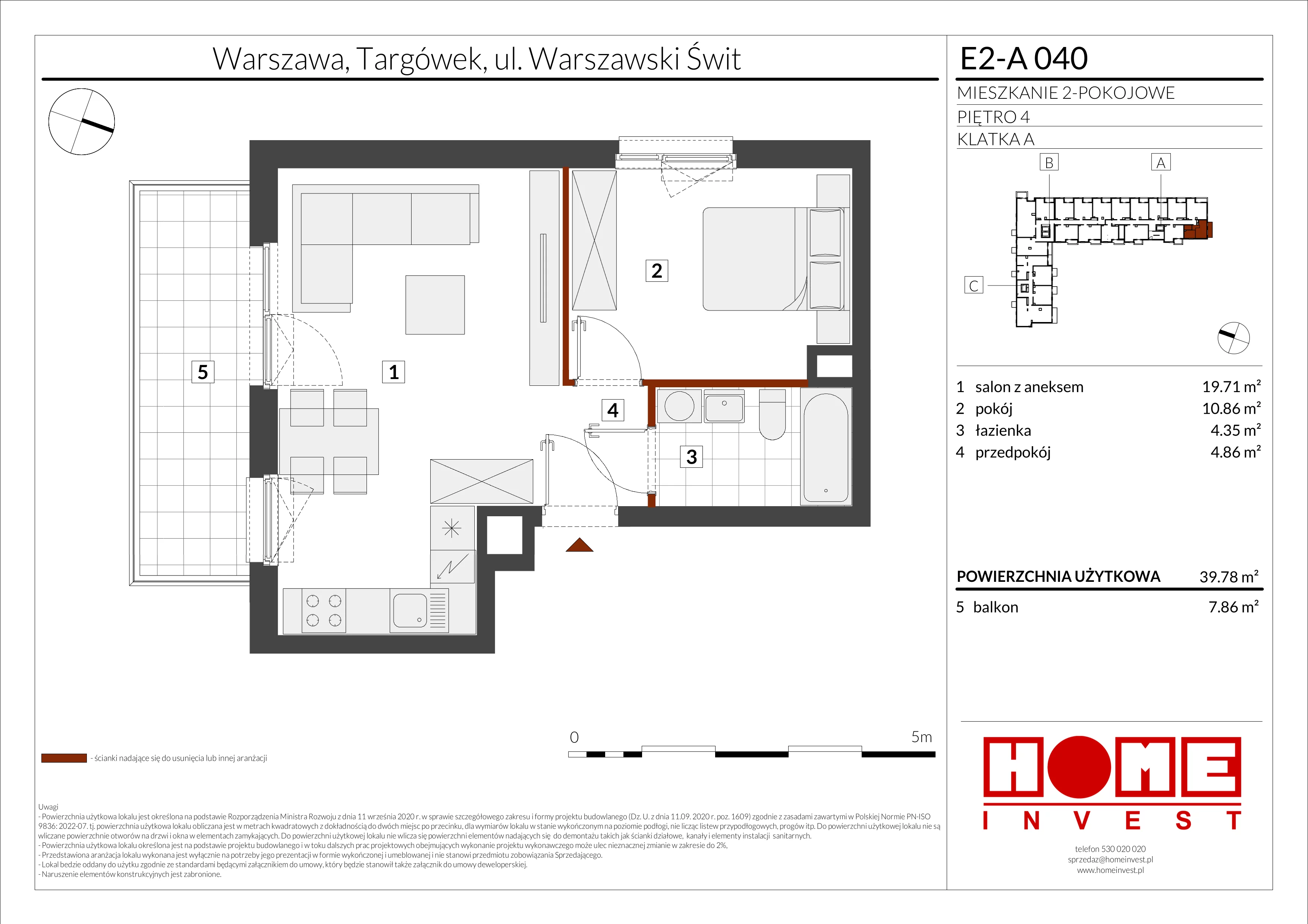 2 pokoje, mieszkanie 39,78 m², piętro 4, oferta nr E2-A040, Warszawski Świt Etap XI, Warszawa, Targówek, Bródno, ul. Warszawski Świt