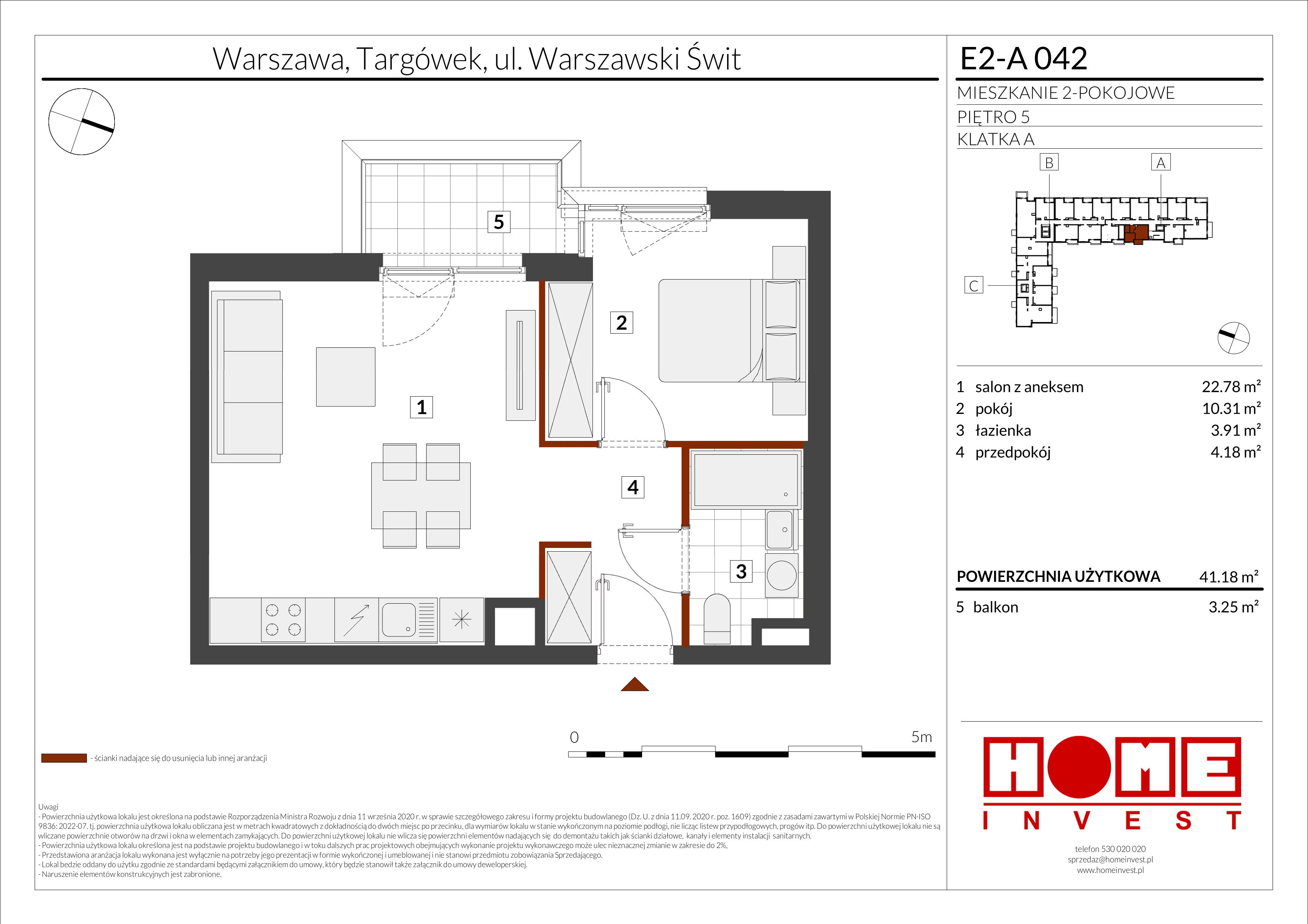 2 pokoje, mieszkanie 41,18 m², piętro 5, oferta nr E2-A042, Warszawski Świt Etap XI, Warszawa, Targówek, Bródno, ul. Warszawski Świt