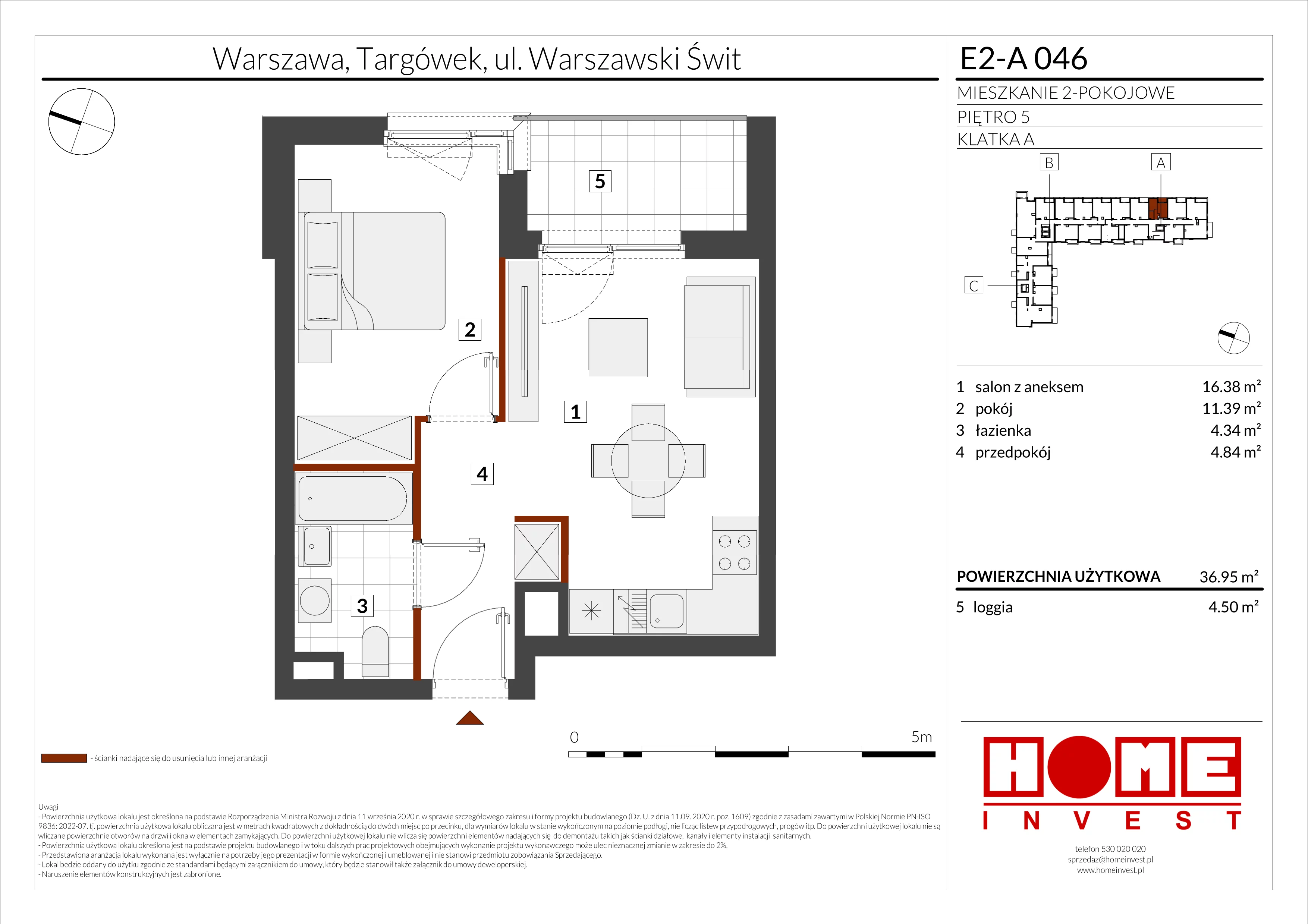 2 pokoje, mieszkanie 36,95 m², piętro 5, oferta nr E2-A046, Warszawski Świt Etap XI, Warszawa, Targówek, Bródno, ul. Warszawski Świt