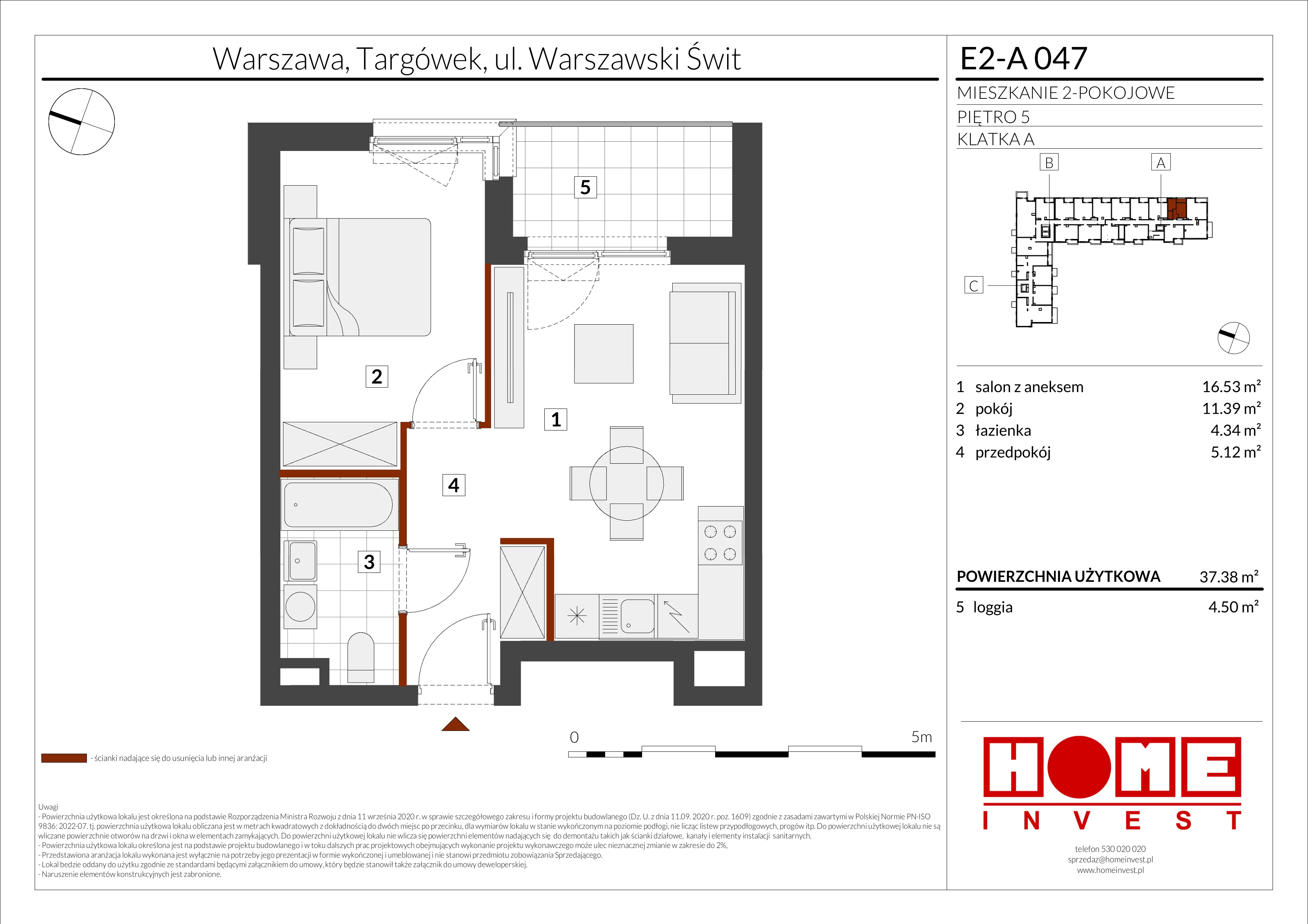 2 pokoje, mieszkanie 37,38 m², piętro 5, oferta nr E2-A047, Warszawski Świt Etap XI, Warszawa, Targówek, Bródno, ul. Warszawski Świt