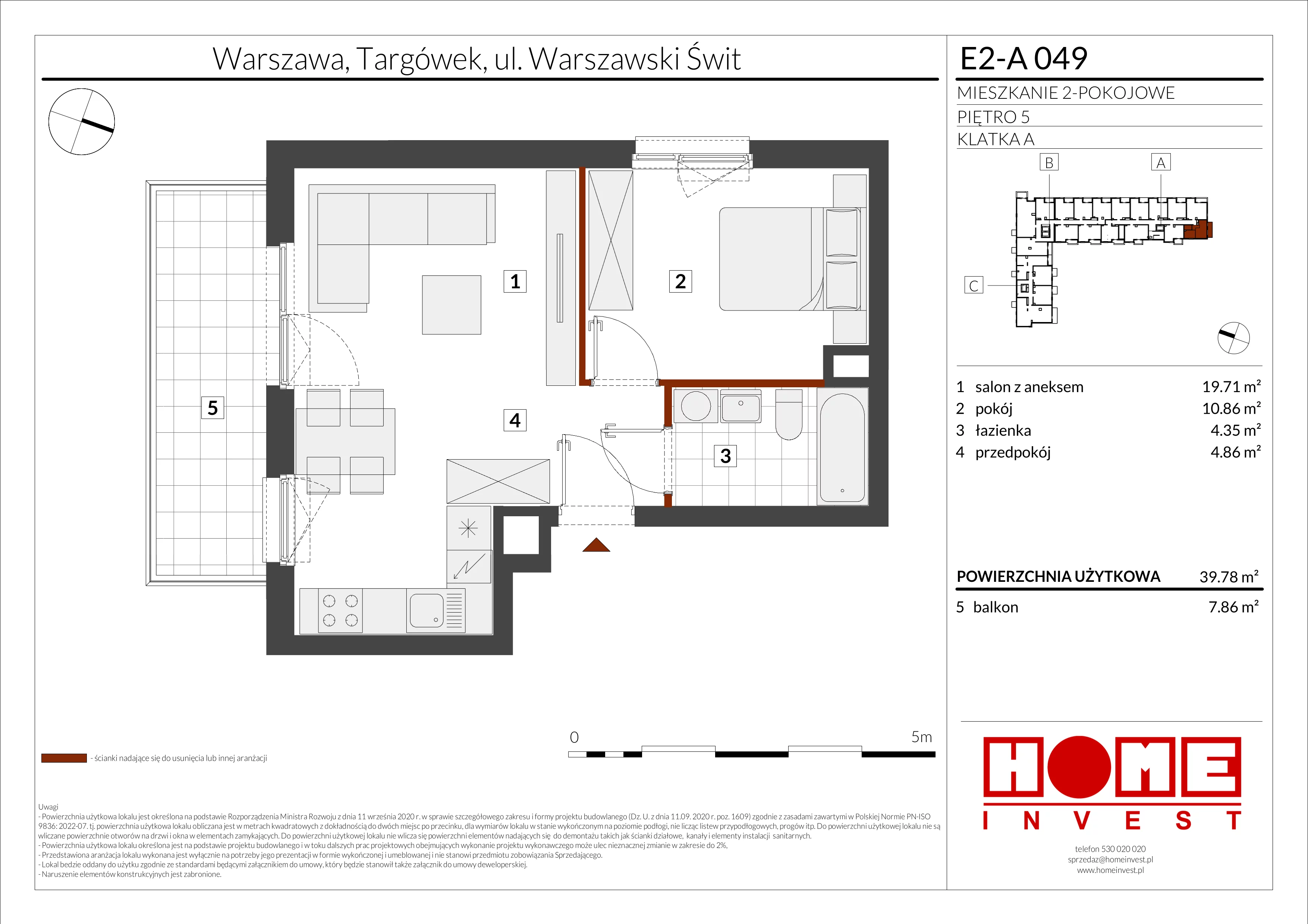 2 pokoje, mieszkanie 39,78 m², piętro 5, oferta nr E2-A049, Warszawski Świt Etap XI, Warszawa, Targówek, Bródno, ul. Warszawski Świt