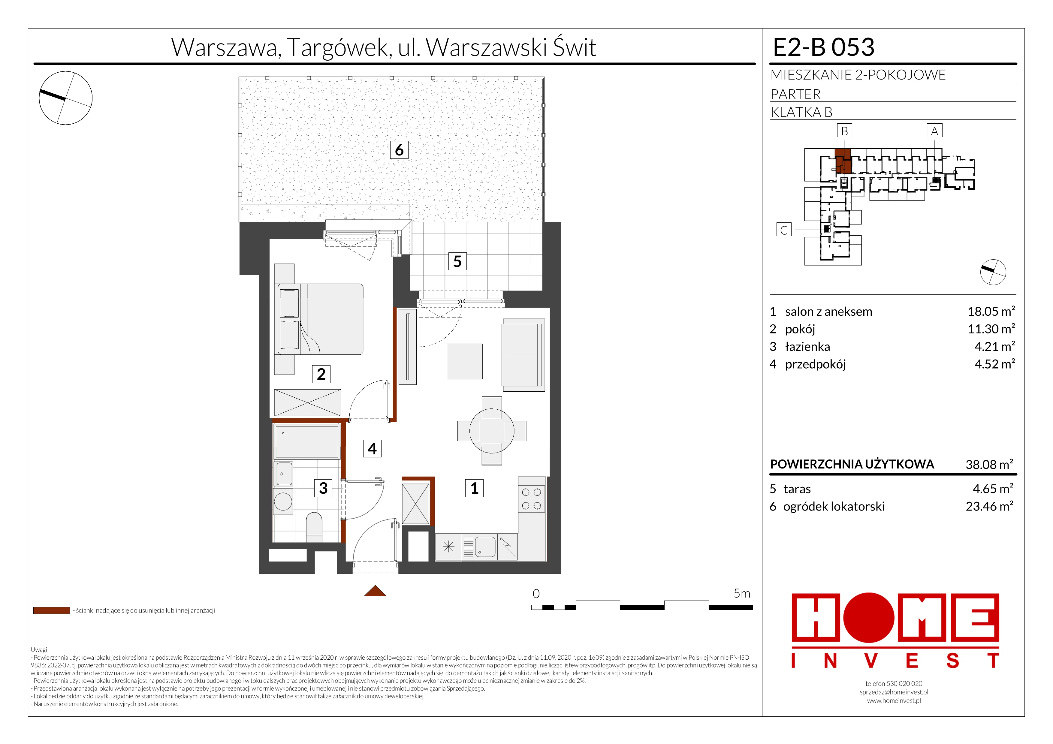 2 pokoje, mieszkanie 38,08 m², parter, oferta nr E2-B053, Warszawski Świt Etap XI, Warszawa, Targówek, Bródno, ul. Warszawski Świt