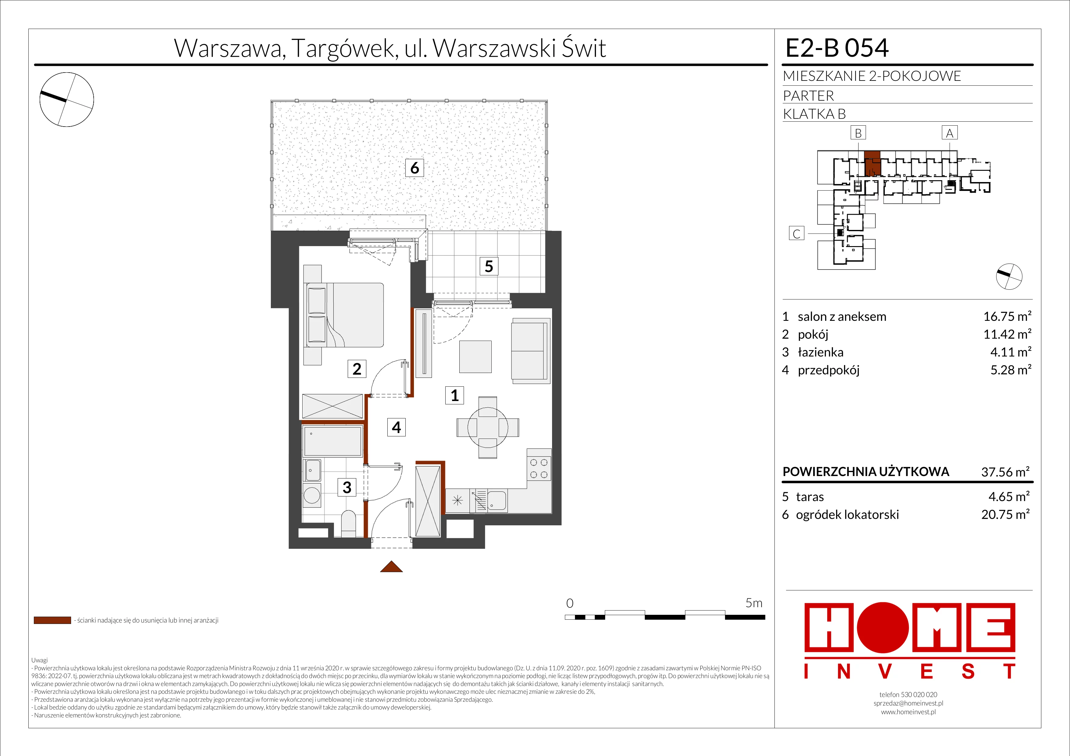 2 pokoje, mieszkanie 37,56 m², parter, oferta nr E2-B054, Warszawski Świt Etap XI, Warszawa, Targówek, Bródno, ul. Warszawski Świt