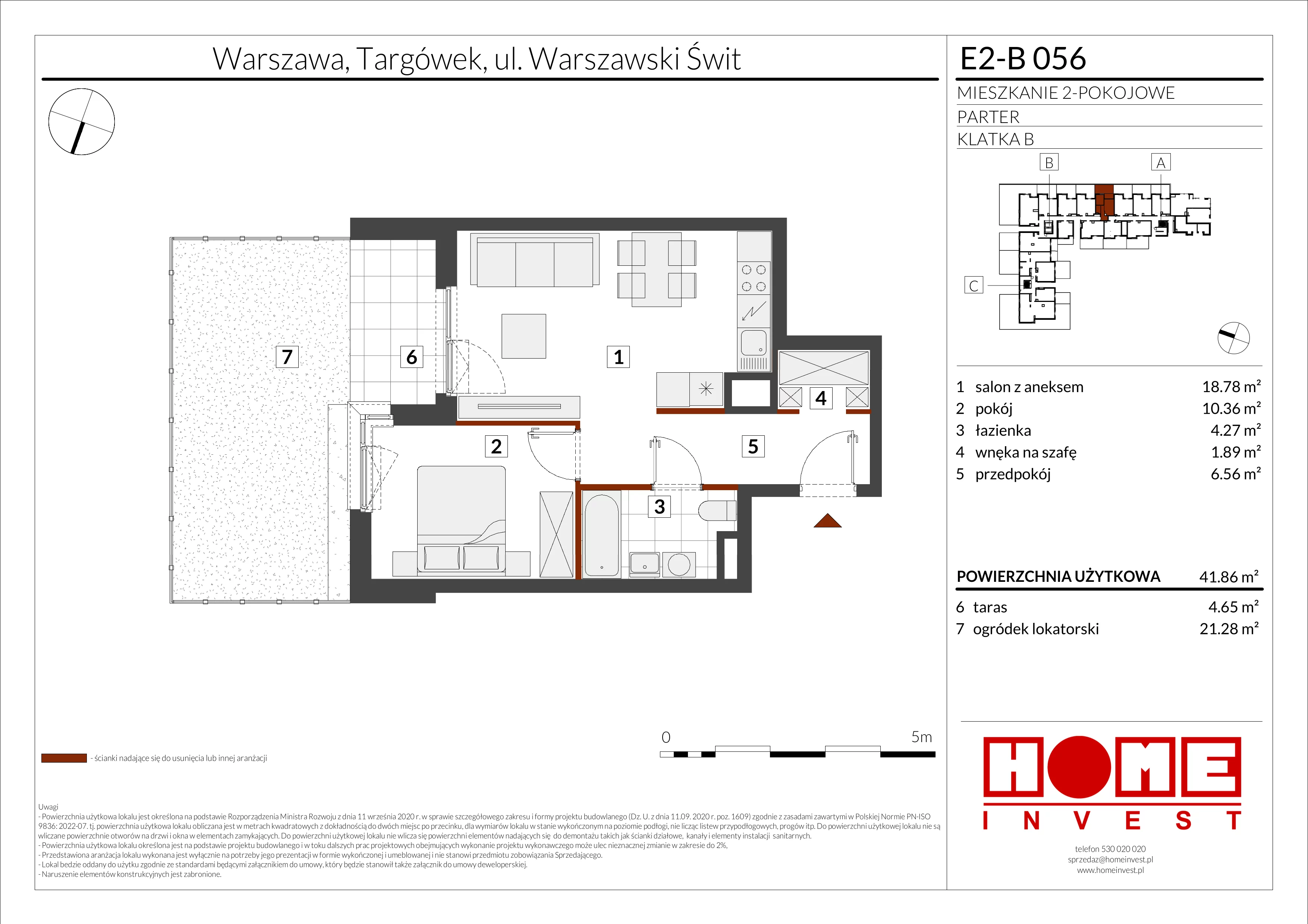 2 pokoje, mieszkanie 41,86 m², parter, oferta nr E2-B056, Warszawski Świt Etap XI, Warszawa, Targówek, Bródno, ul. Warszawski Świt
