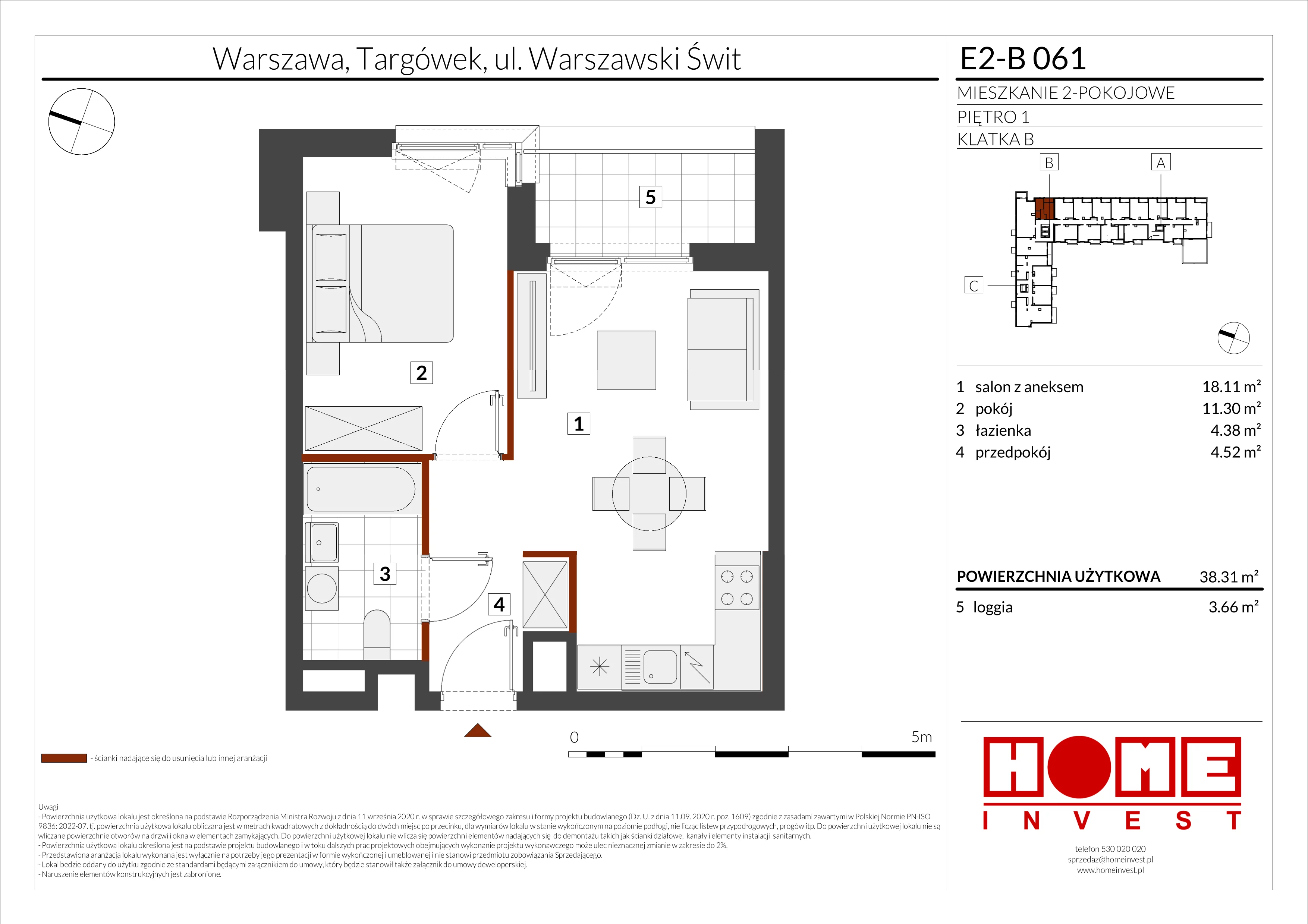 2 pokoje, mieszkanie 38,31 m², piętro 1, oferta nr E2-B061, Warszawski Świt Etap XI, Warszawa, Targówek, Bródno, ul. Warszawski Świt