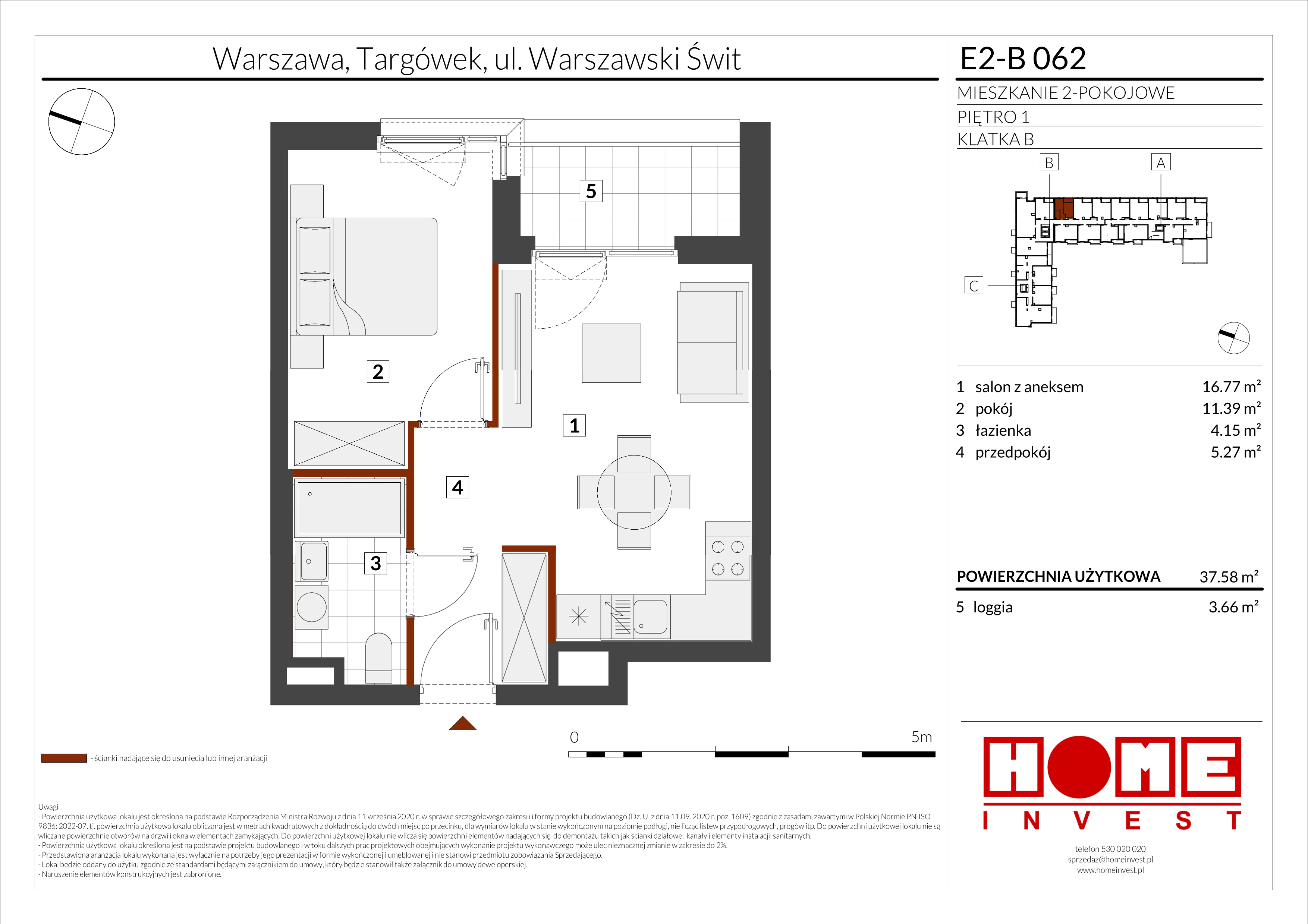 2 pokoje, mieszkanie 37,58 m², piętro 1, oferta nr E2-B062, Warszawski Świt Etap XI, Warszawa, Targówek, Bródno, ul. Warszawski Świt