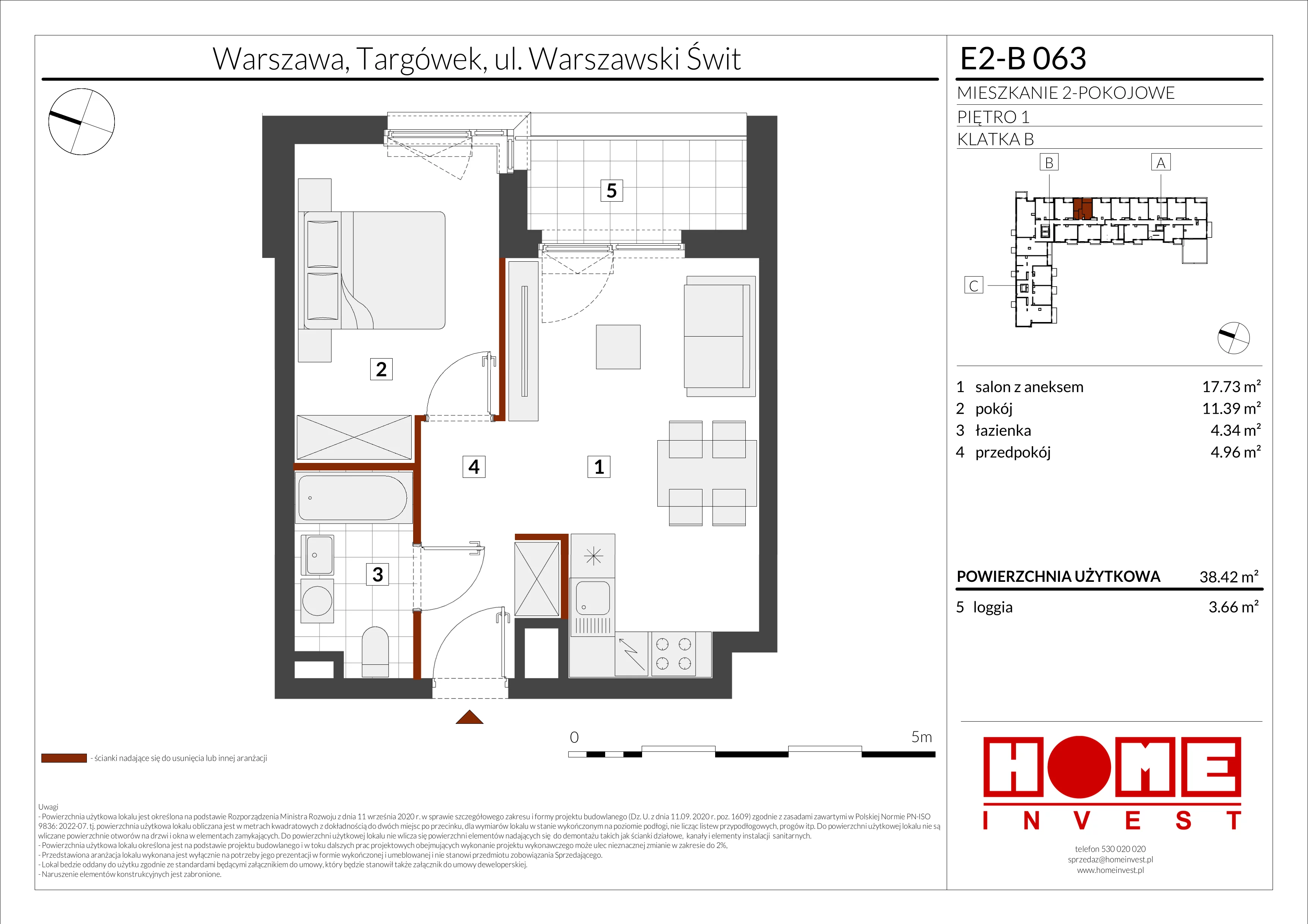2 pokoje, mieszkanie 38,42 m², piętro 1, oferta nr E2-B063, Warszawski Świt Etap XI, Warszawa, Targówek, Bródno, ul. Warszawski Świt