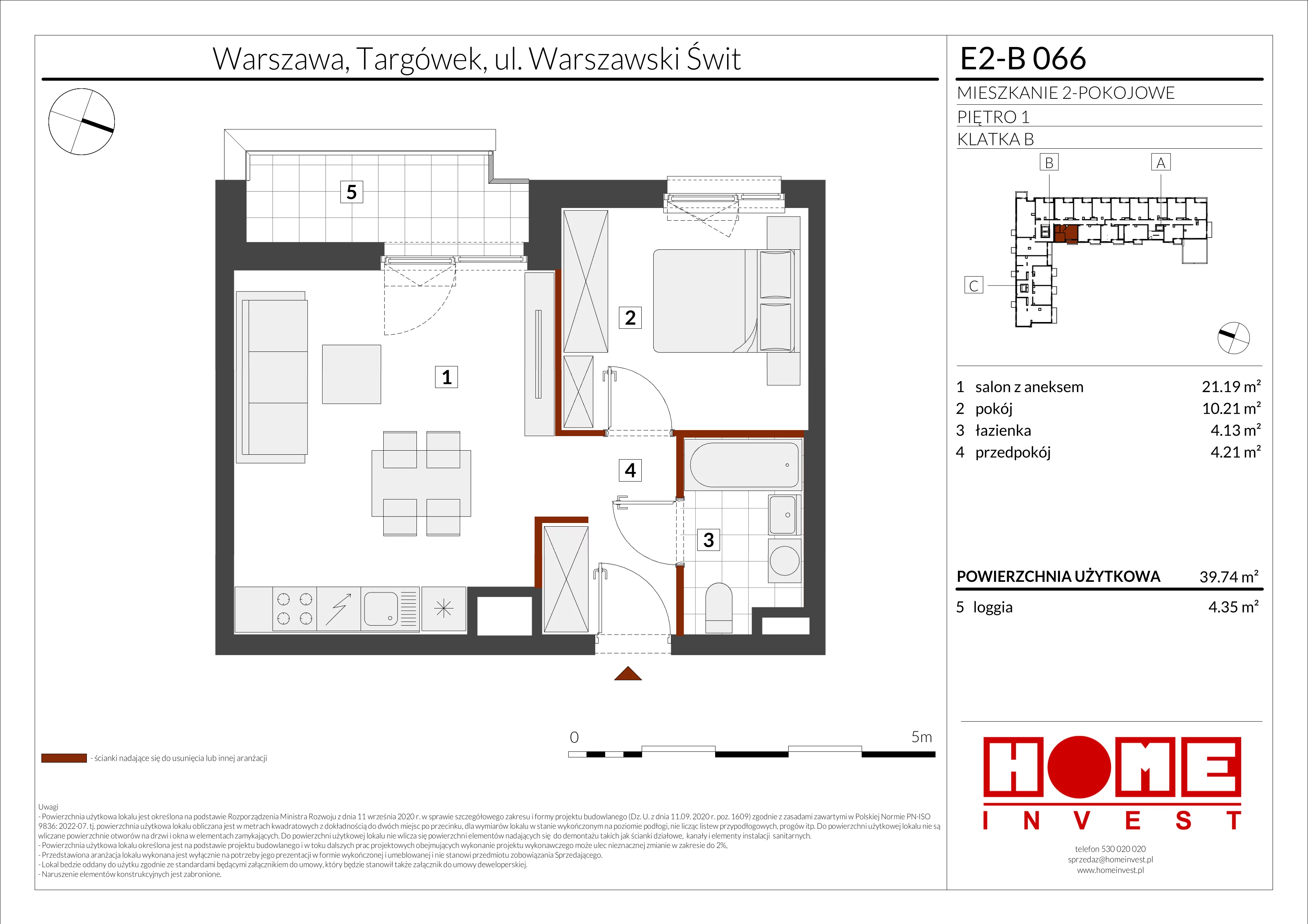 2 pokoje, mieszkanie 39,74 m², piętro 1, oferta nr E2-B066, Warszawski Świt Etap XI, Warszawa, Targówek, Bródno, ul. Warszawski Świt