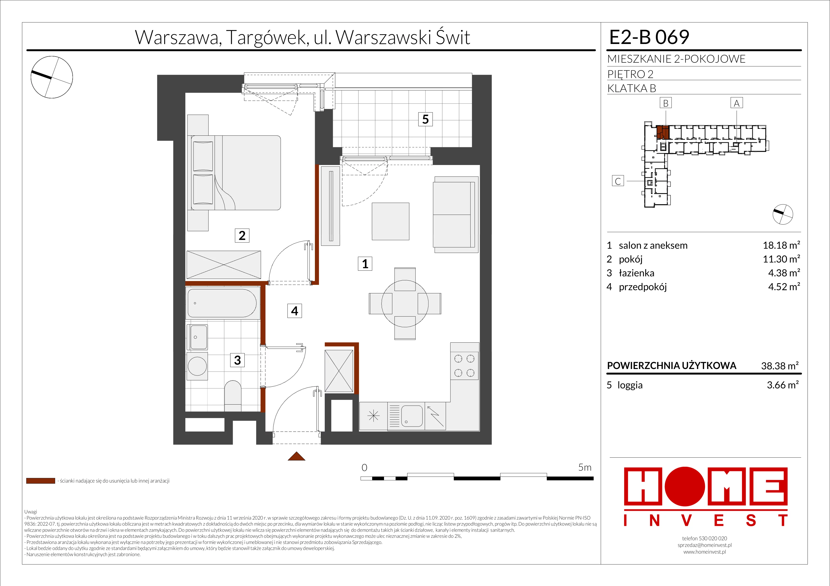 2 pokoje, mieszkanie 38,38 m², piętro 2, oferta nr E2-B069, Warszawski Świt Etap XI, Warszawa, Targówek, Bródno, ul. Warszawski Świt