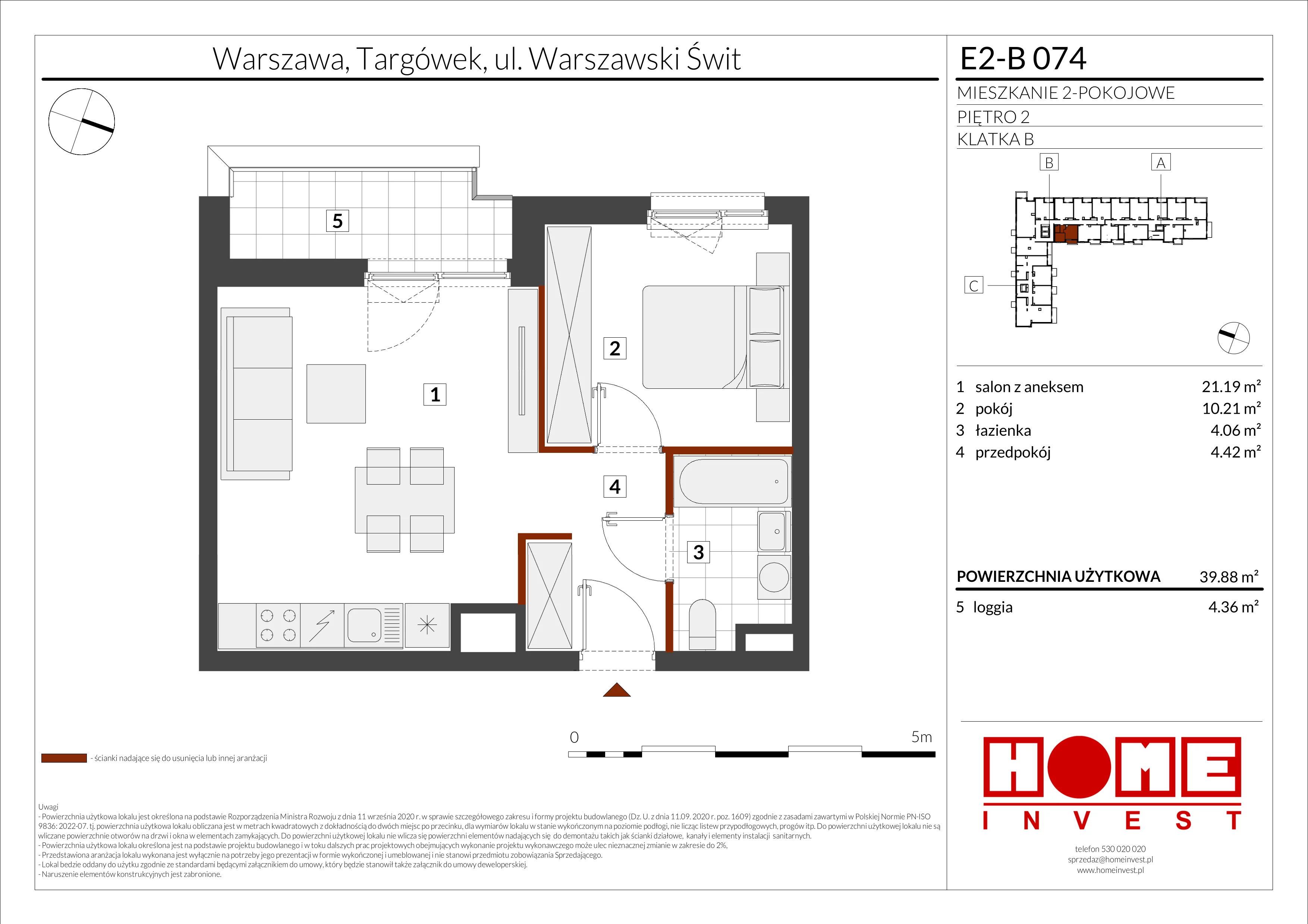2 pokoje, mieszkanie 39,88 m², piętro 2, oferta nr E2-B074, Warszawski Świt Etap XI, Warszawa, Targówek, Bródno, ul. Warszawski Świt