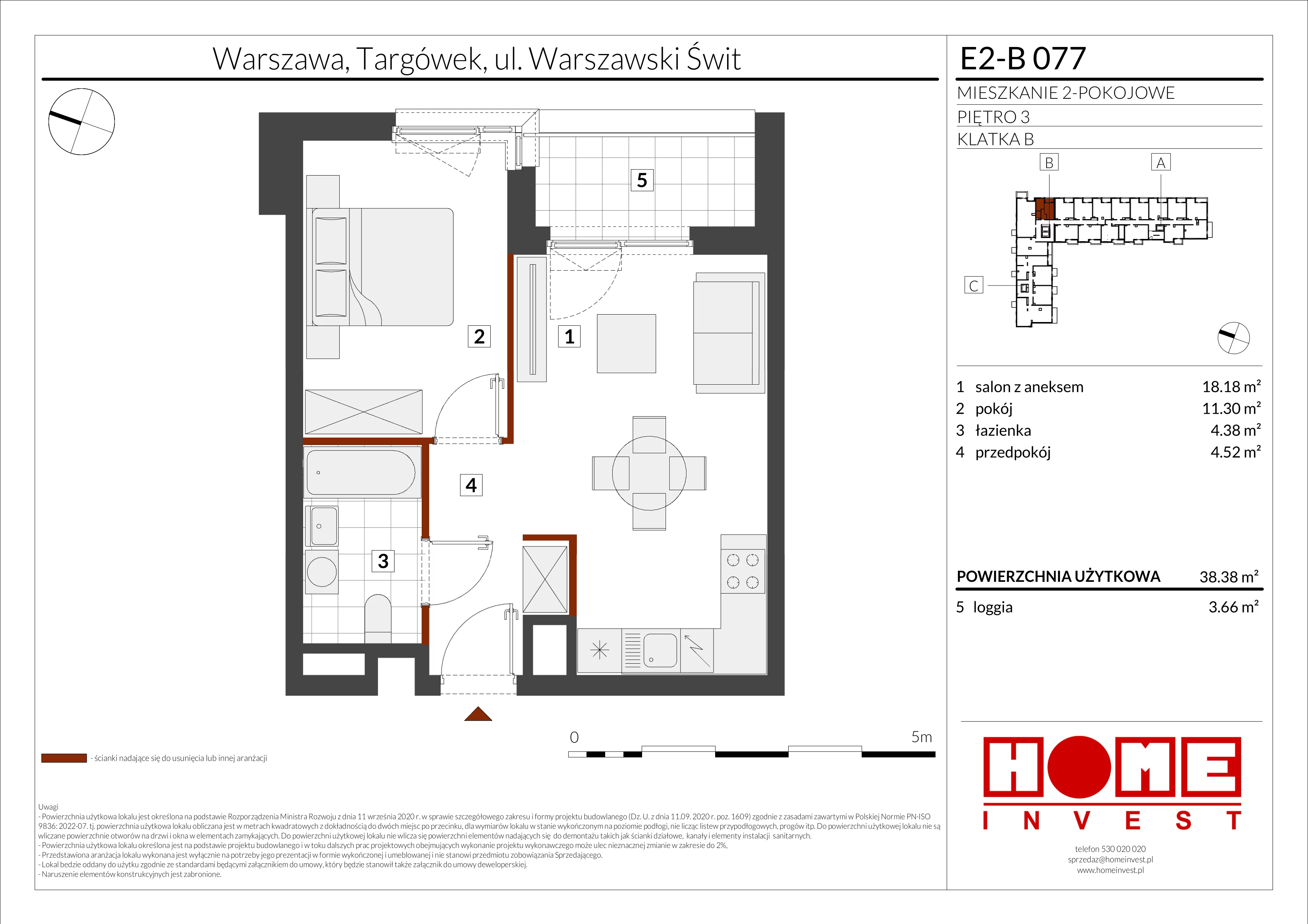 2 pokoje, mieszkanie 38,38 m², piętro 3, oferta nr E2-B077, Warszawski Świt Etap XI, Warszawa, Targówek, Bródno, ul. Warszawski Świt
