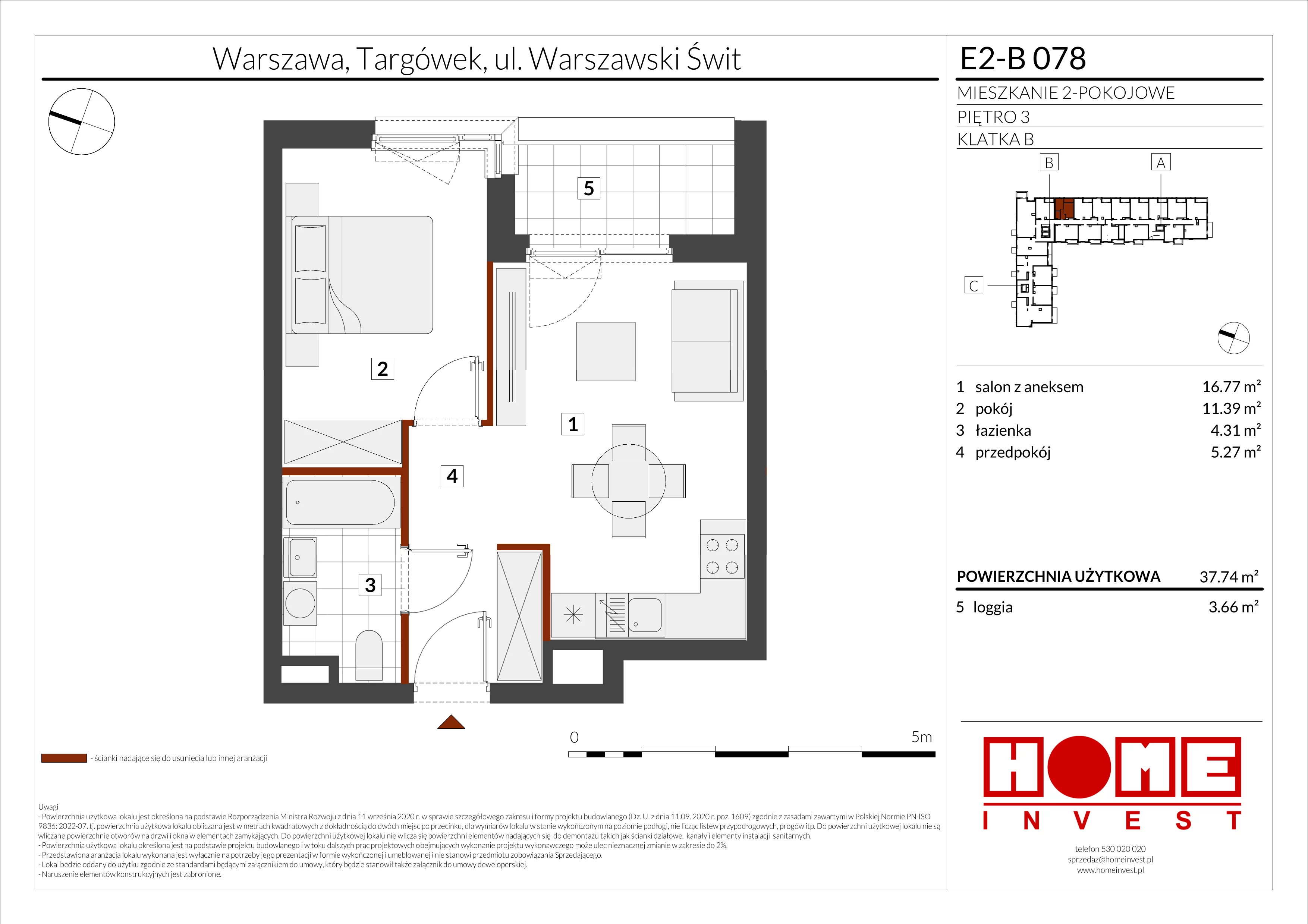 2 pokoje, mieszkanie 37,74 m², piętro 3, oferta nr E2-B078, Warszawski Świt Etap XI, Warszawa, Targówek, Bródno, ul. Warszawski Świt