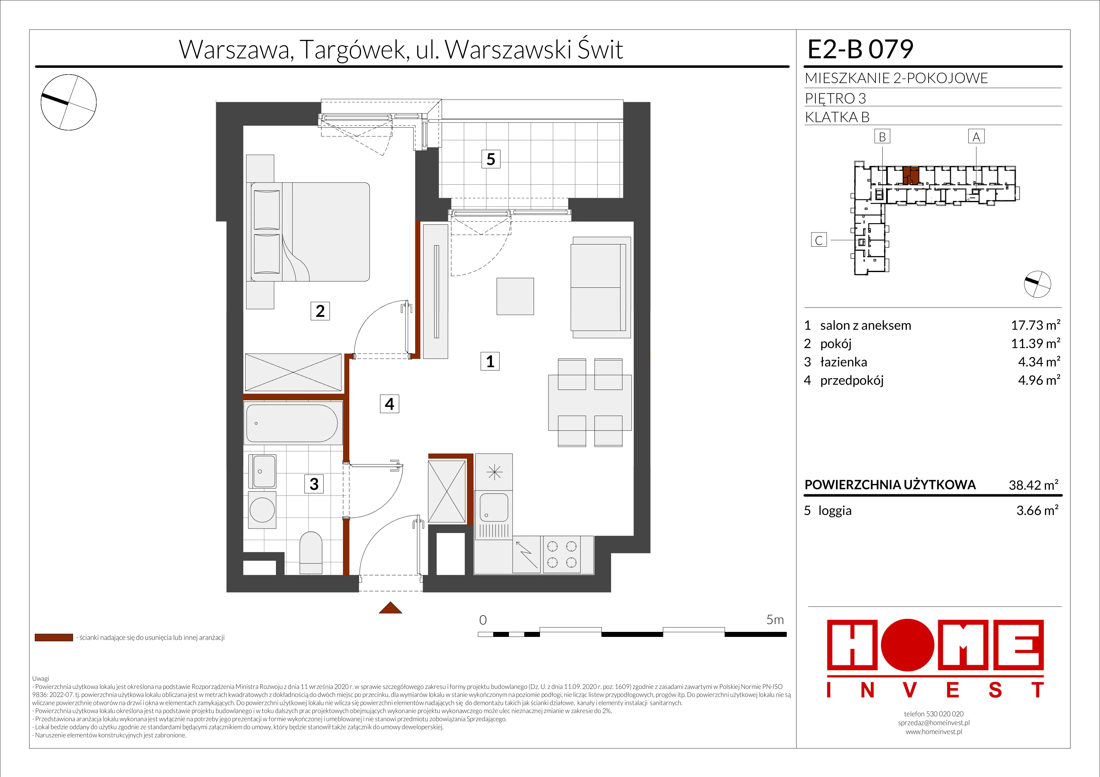 2 pokoje, mieszkanie 38,42 m², piętro 3, oferta nr E2-B079, Warszawski Świt Etap XI, Warszawa, Targówek, Bródno, ul. Warszawski Świt