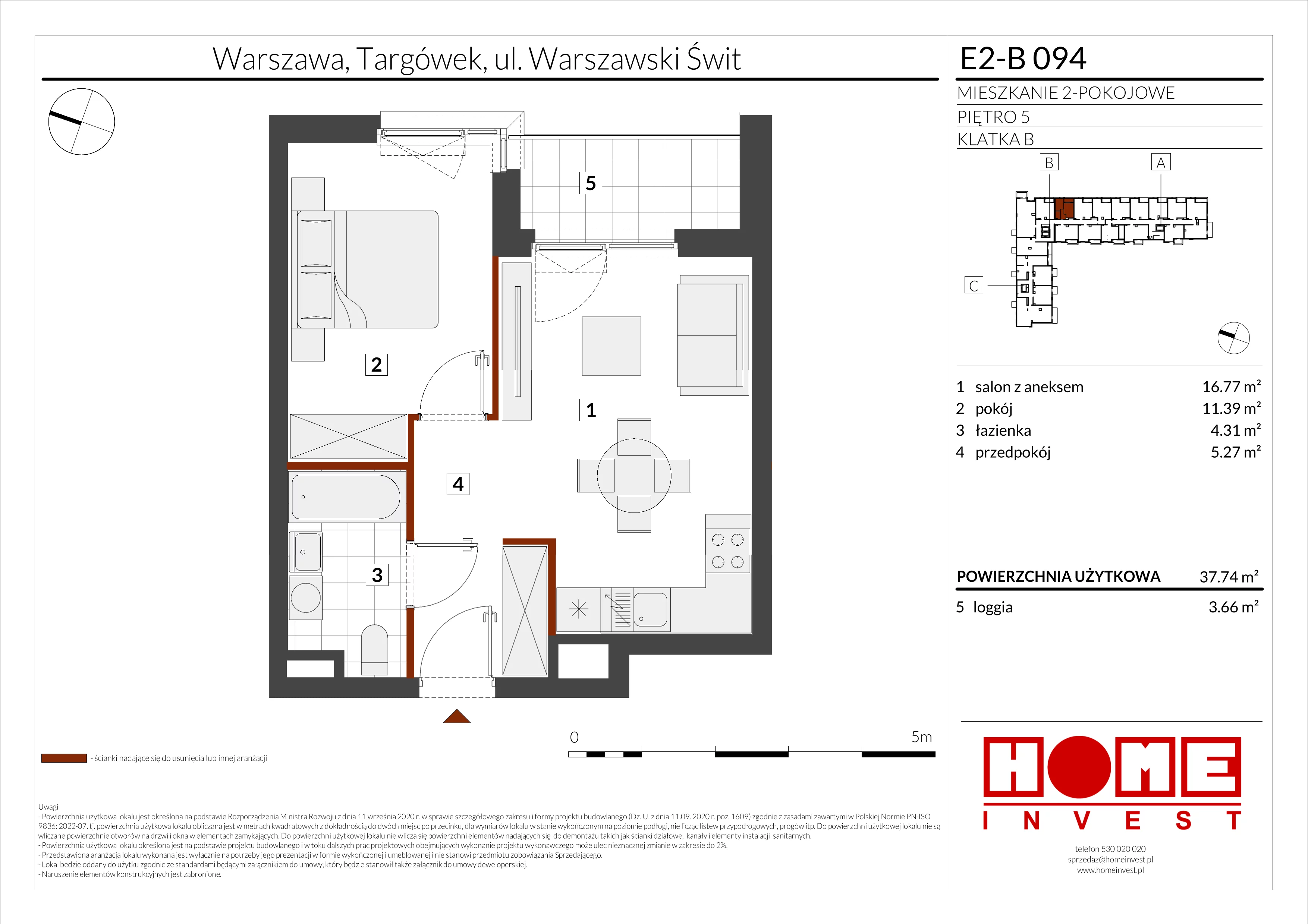 2 pokoje, mieszkanie 37,74 m², piętro 5, oferta nr E2-B094, Warszawski Świt Etap XI, Warszawa, Targówek, Bródno, ul. Warszawski Świt