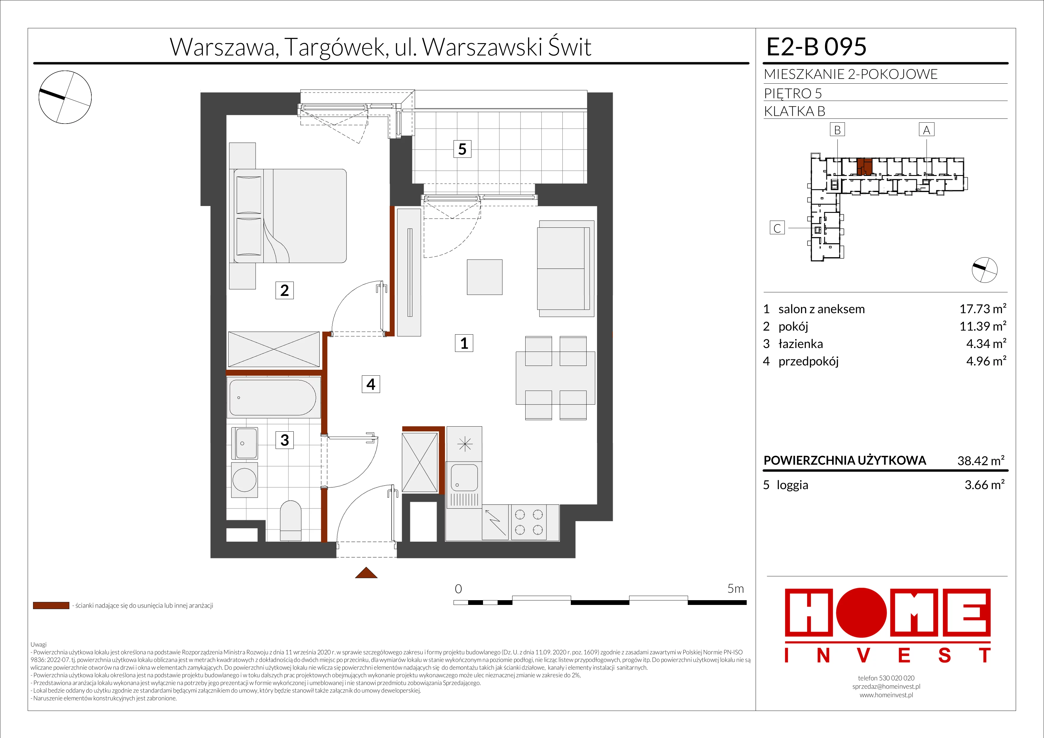 2 pokoje, mieszkanie 38,42 m², piętro 5, oferta nr E2-B095, Warszawski Świt Etap XI, Warszawa, Targówek, Bródno, ul. Warszawski Świt