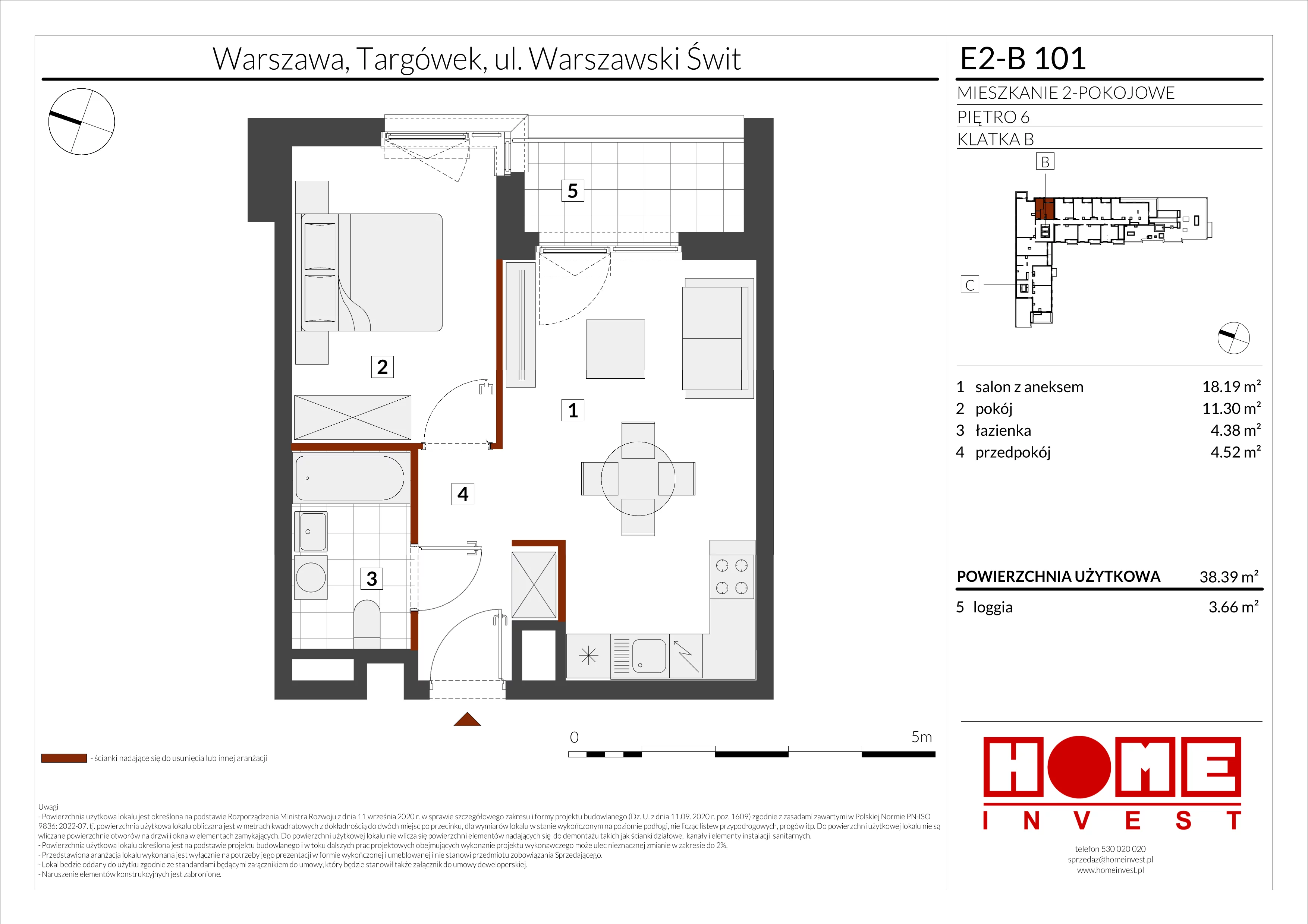 2 pokoje, mieszkanie 38,39 m², piętro 6, oferta nr E2-B101, Warszawski Świt Etap XI, Warszawa, Targówek, Bródno, ul. Warszawski Świt