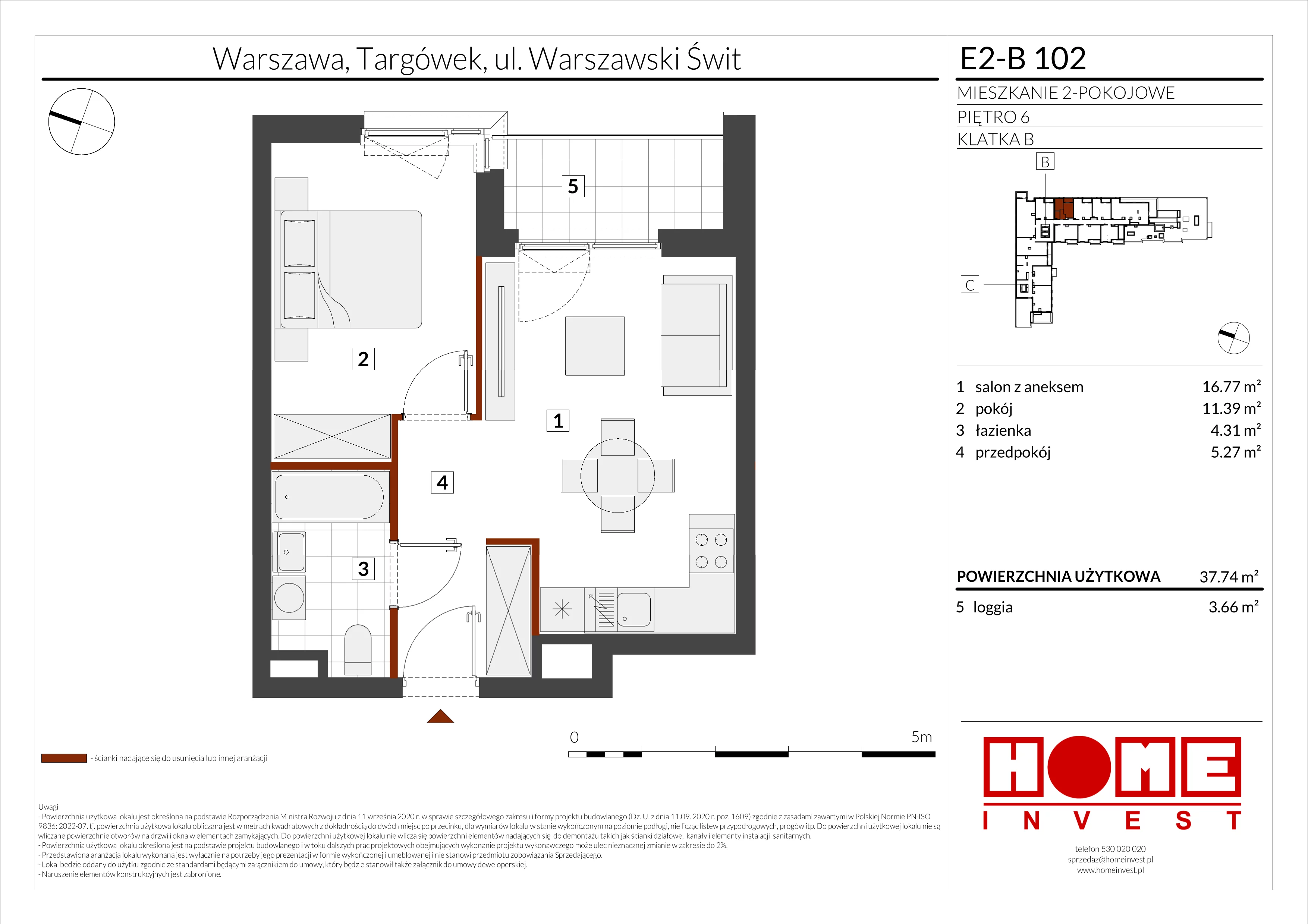 2 pokoje, mieszkanie 37,74 m², piętro 6, oferta nr E2-B102, Warszawski Świt Etap XI, Warszawa, Targówek, Bródno, ul. Warszawski Świt