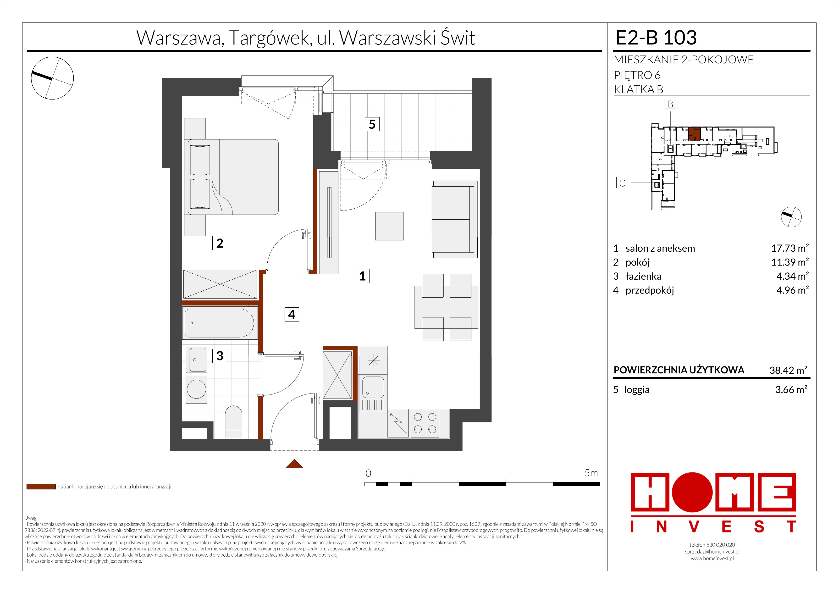 2 pokoje, mieszkanie 38,42 m², piętro 6, oferta nr E2-B103, Warszawski Świt Etap XI, Warszawa, Targówek, Bródno, ul. Warszawski Świt