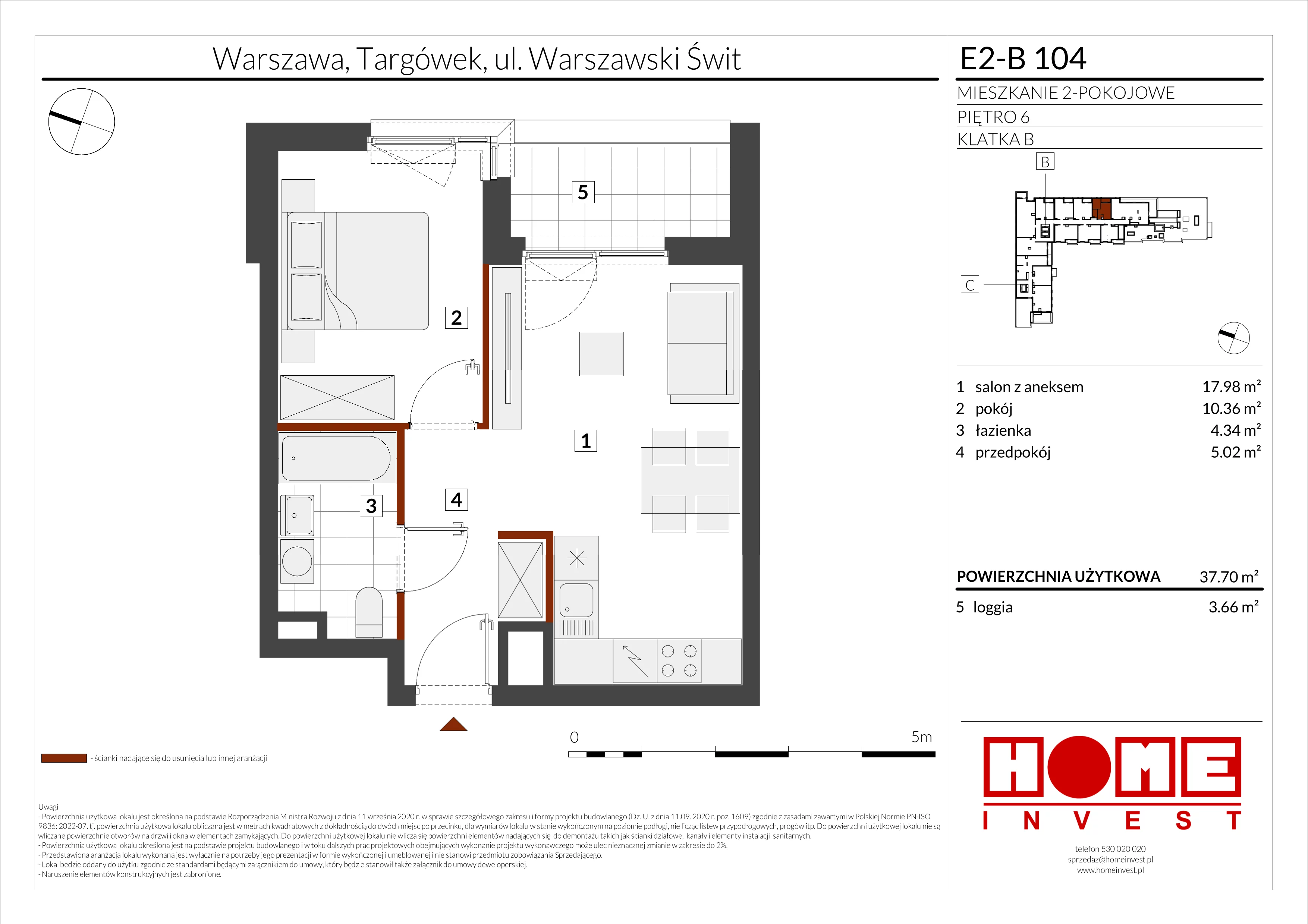 2 pokoje, mieszkanie 37,70 m², piętro 6, oferta nr E2-B104, Warszawski Świt Etap XI, Warszawa, Targówek, Bródno, ul. Warszawski Świt