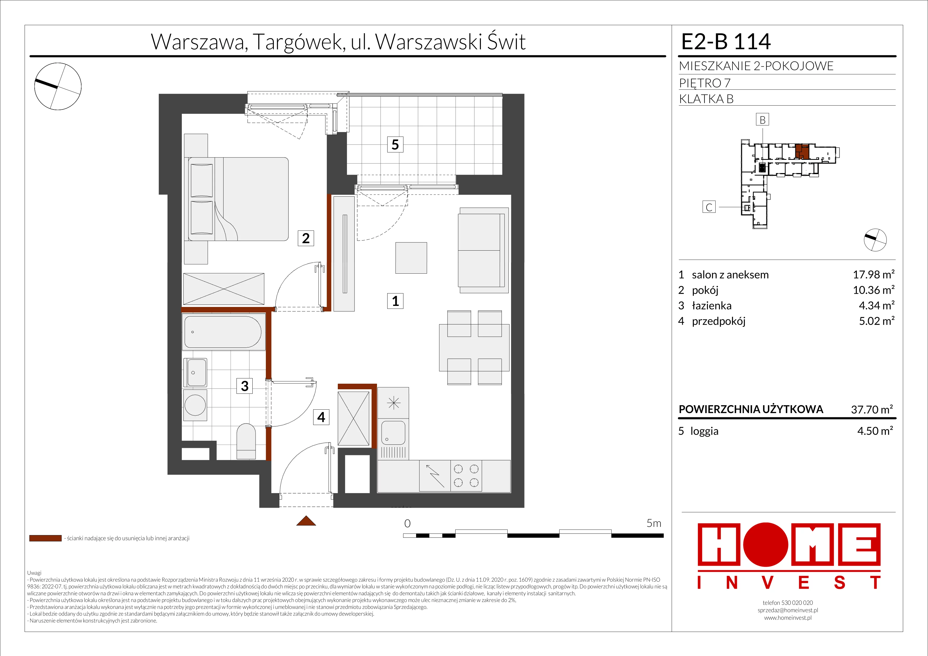 2 pokoje, mieszkanie 37,70 m², piętro 7, oferta nr E2-B114, Warszawski Świt Etap XI, Warszawa, Targówek, Bródno, ul. Warszawski Świt