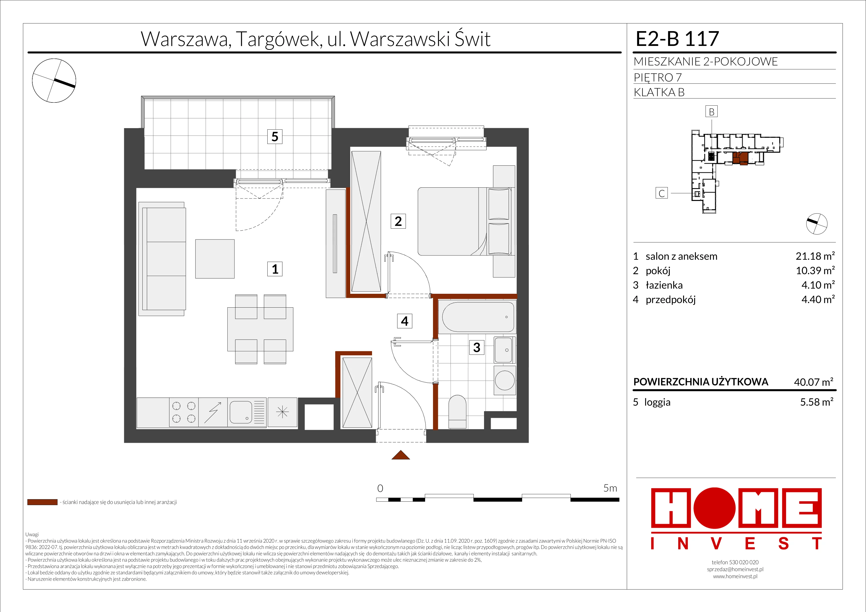 2 pokoje, mieszkanie 40,07 m², piętro 7, oferta nr E2-B117, Warszawski Świt Etap XI, Warszawa, Targówek, Bródno, ul. Warszawski Świt