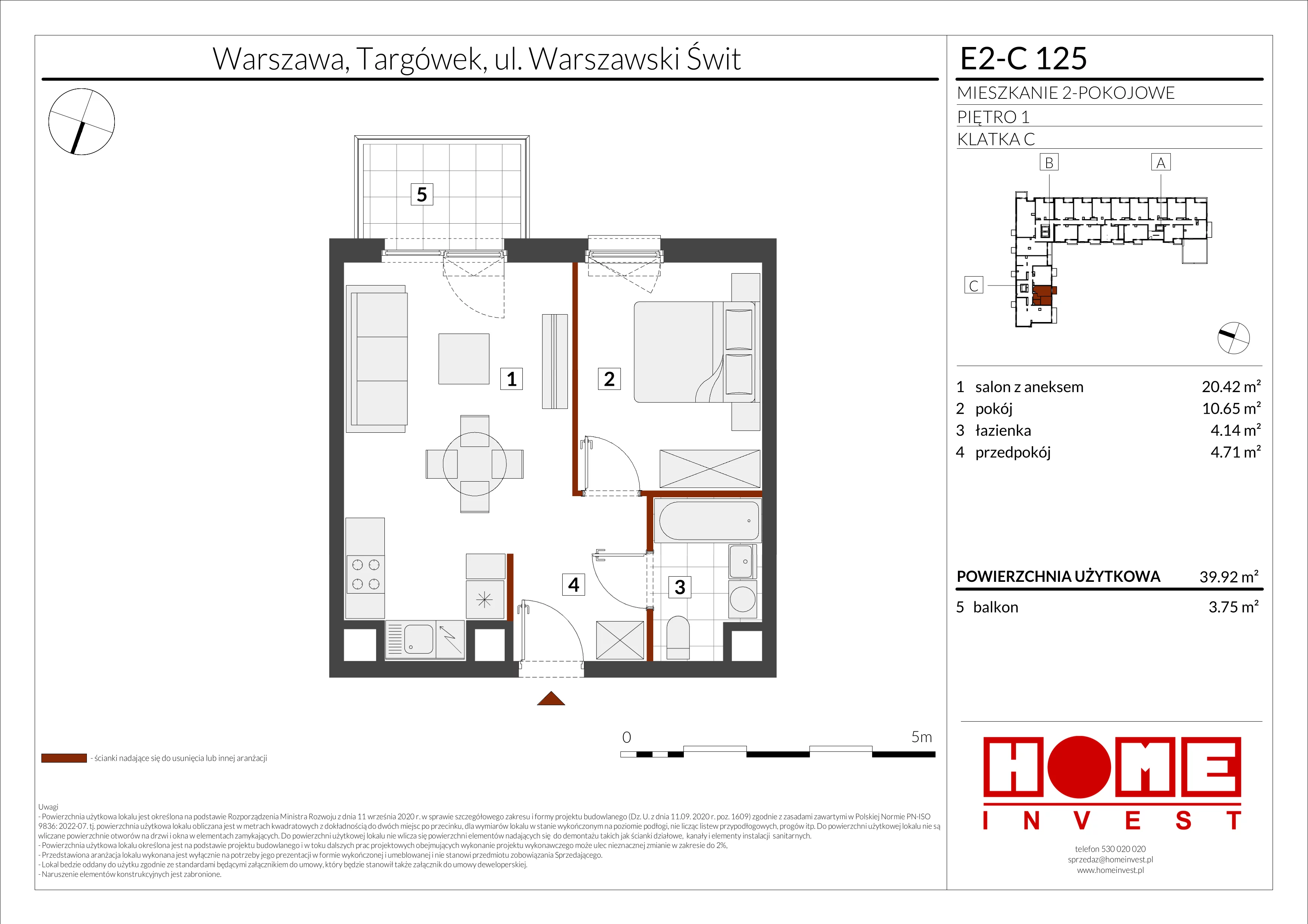 2 pokoje, mieszkanie 39,92 m², piętro 1, oferta nr E2-C125, Warszawski Świt Etap XI, Warszawa, Targówek, Bródno, ul. Warszawski Świt