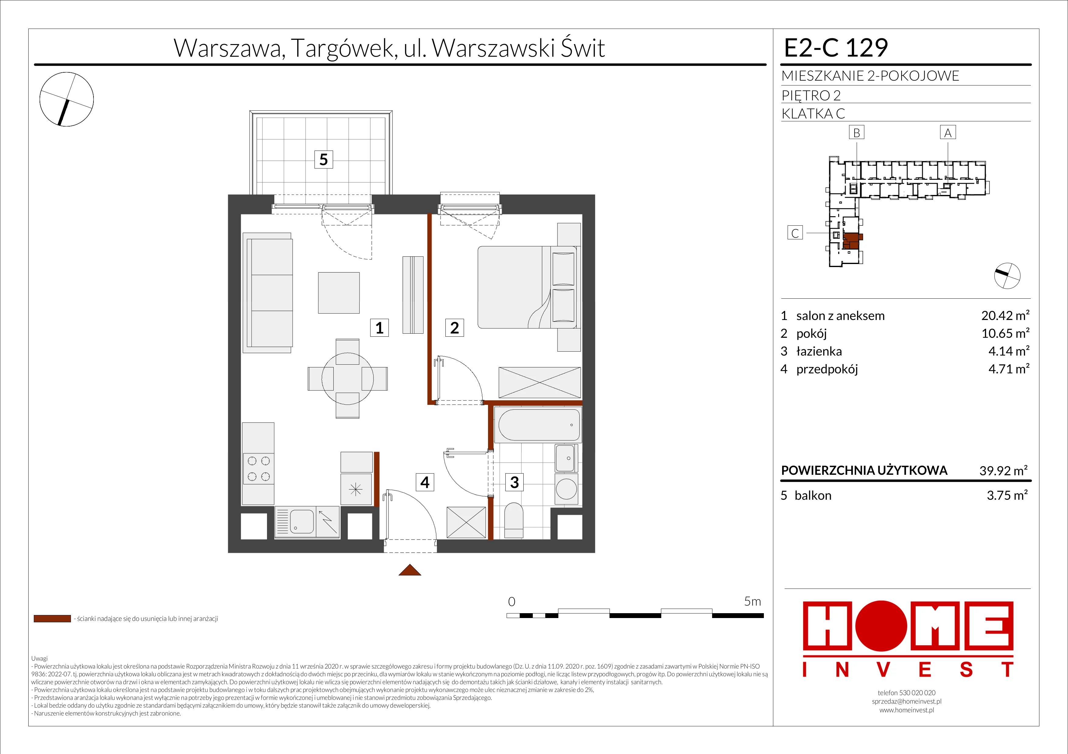 2 pokoje, mieszkanie 39,92 m², piętro 2, oferta nr E2-C129, Warszawski Świt Etap XI, Warszawa, Targówek, Bródno, ul. Warszawski Świt