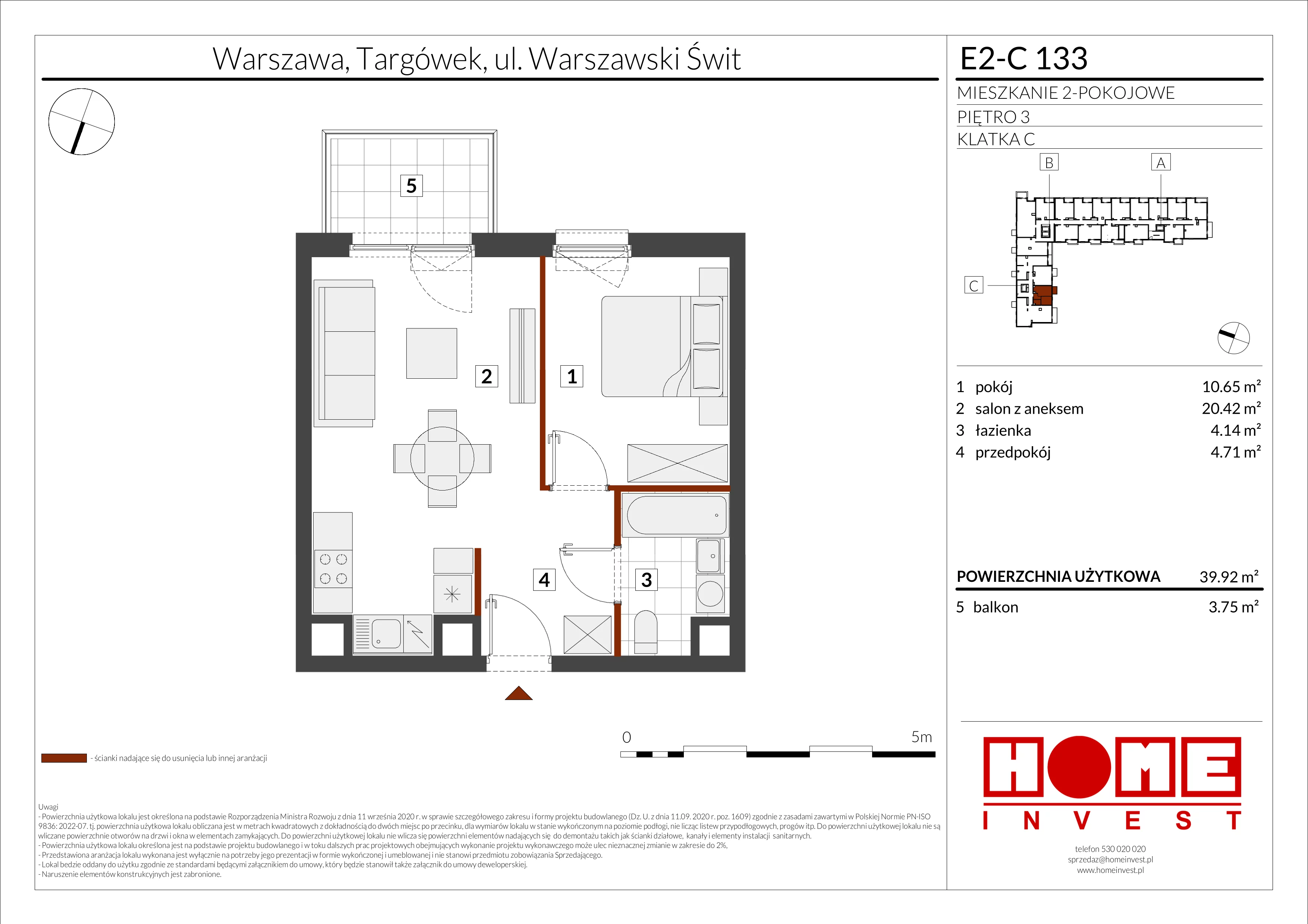 2 pokoje, mieszkanie 39,92 m², piętro 3, oferta nr E2-C133, Warszawski Świt Etap XI, Warszawa, Targówek, Bródno, ul. Warszawski Świt