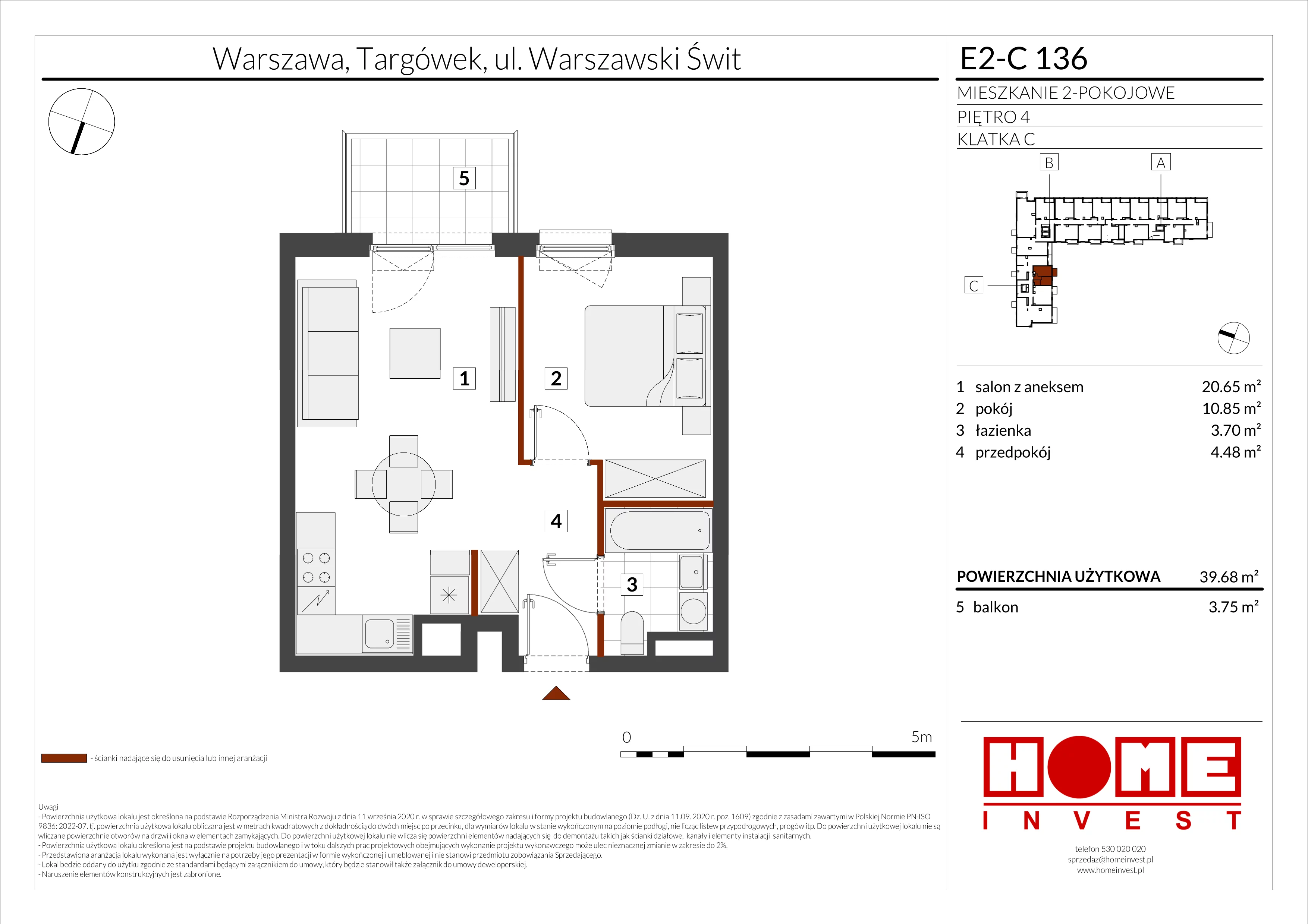 2 pokoje, mieszkanie 39,68 m², piętro 4, oferta nr E2-C136, Warszawski Świt Etap XI, Warszawa, Targówek, Bródno, ul. Warszawski Świt