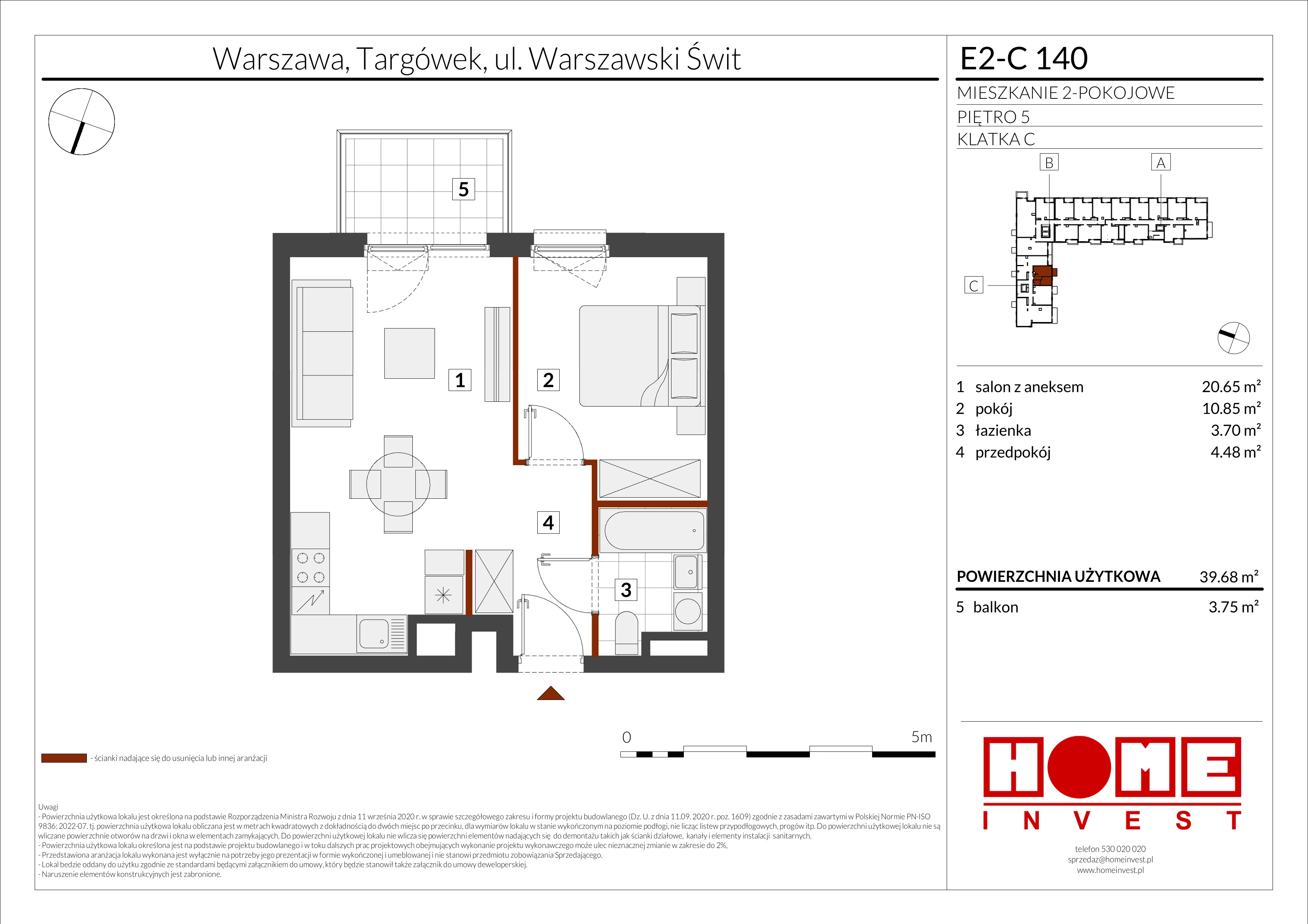 2 pokoje, mieszkanie 39,68 m², piętro 5, oferta nr E2-C140, Warszawski Świt Etap XI, Warszawa, Targówek, Bródno, ul. Warszawski Świt
