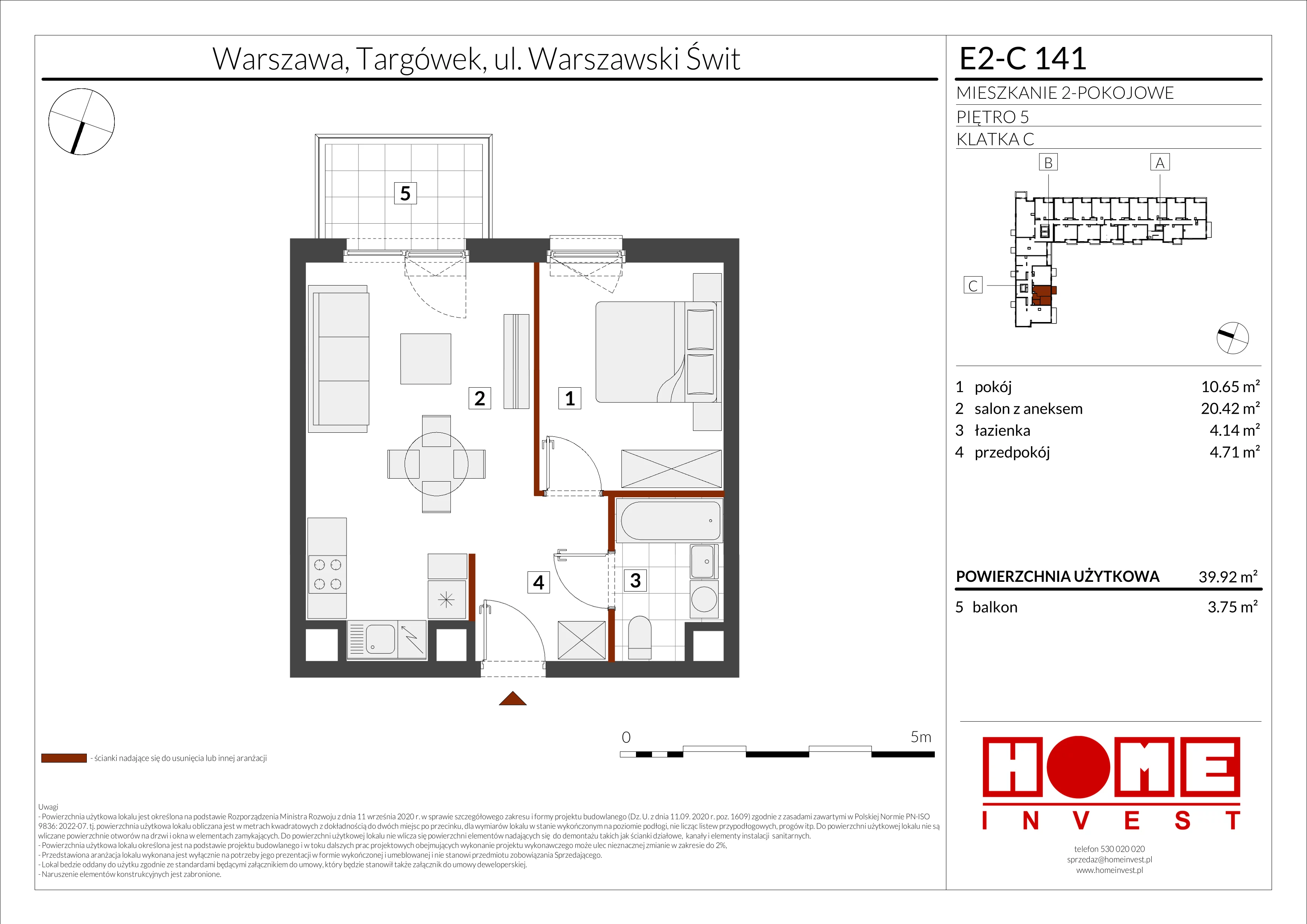 2 pokoje, mieszkanie 39,92 m², piętro 5, oferta nr E2-C141, Warszawski Świt Etap XI, Warszawa, Targówek, Bródno, ul. Warszawski Świt