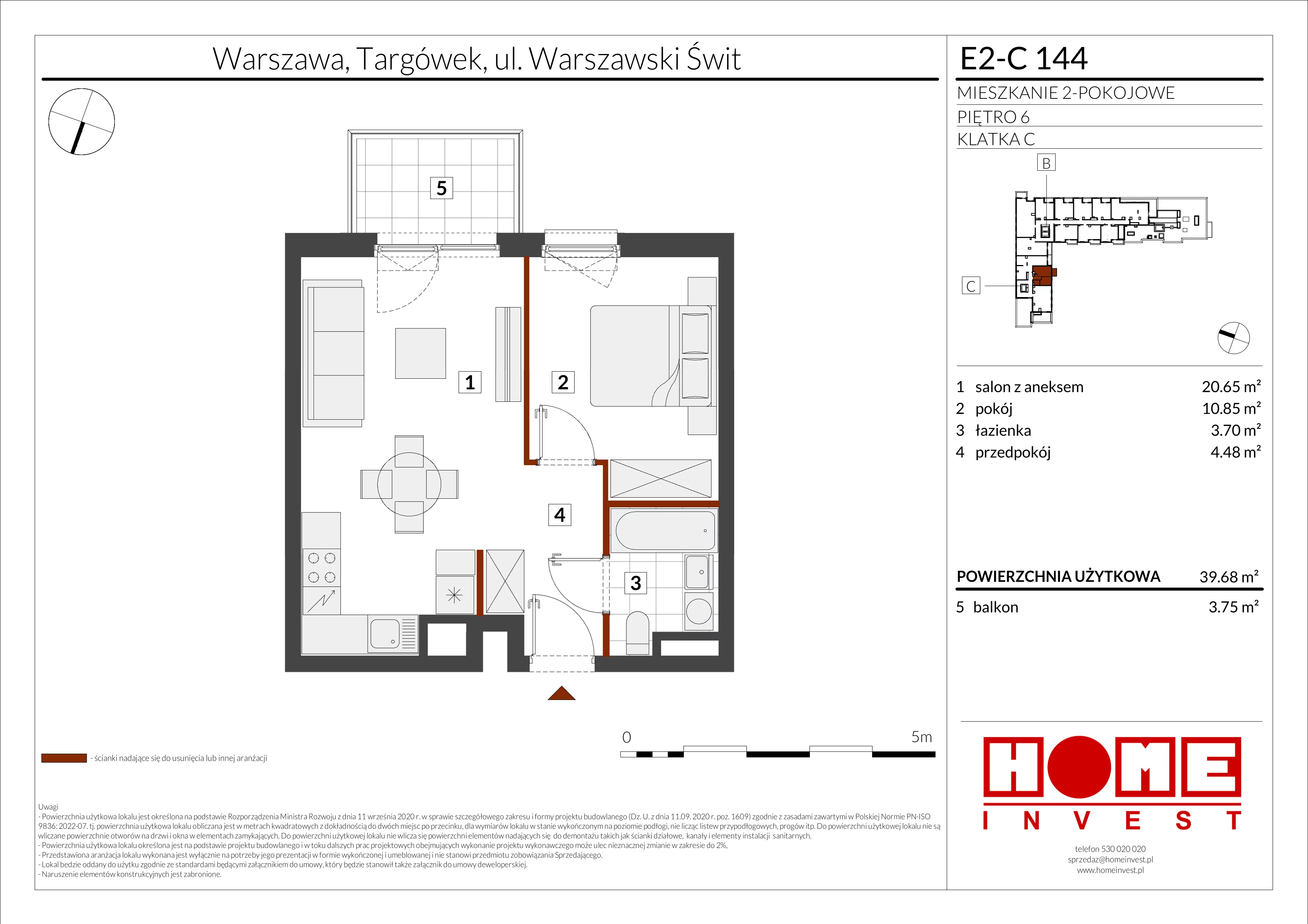 2 pokoje, mieszkanie 39,68 m², piętro 6, oferta nr E2-C144, Warszawski Świt Etap XI, Warszawa, Targówek, Bródno, ul. Warszawski Świt
