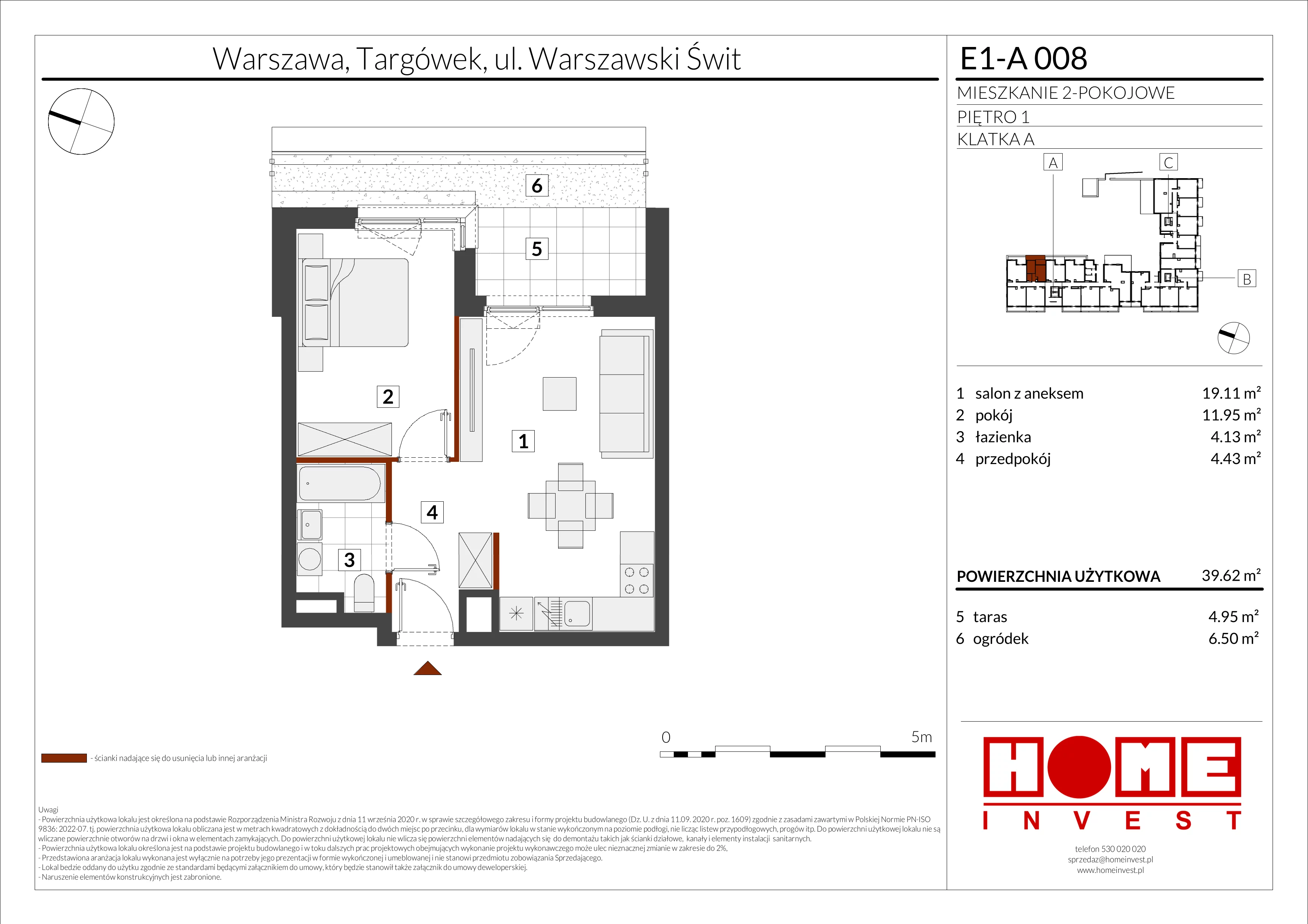 2 pokoje, mieszkanie 39,62 m², piętro 1, oferta nr E1-A008, Warszawski Świt Etap X, Warszawa, Targówek, Bródno, ul. Warszawski Świt