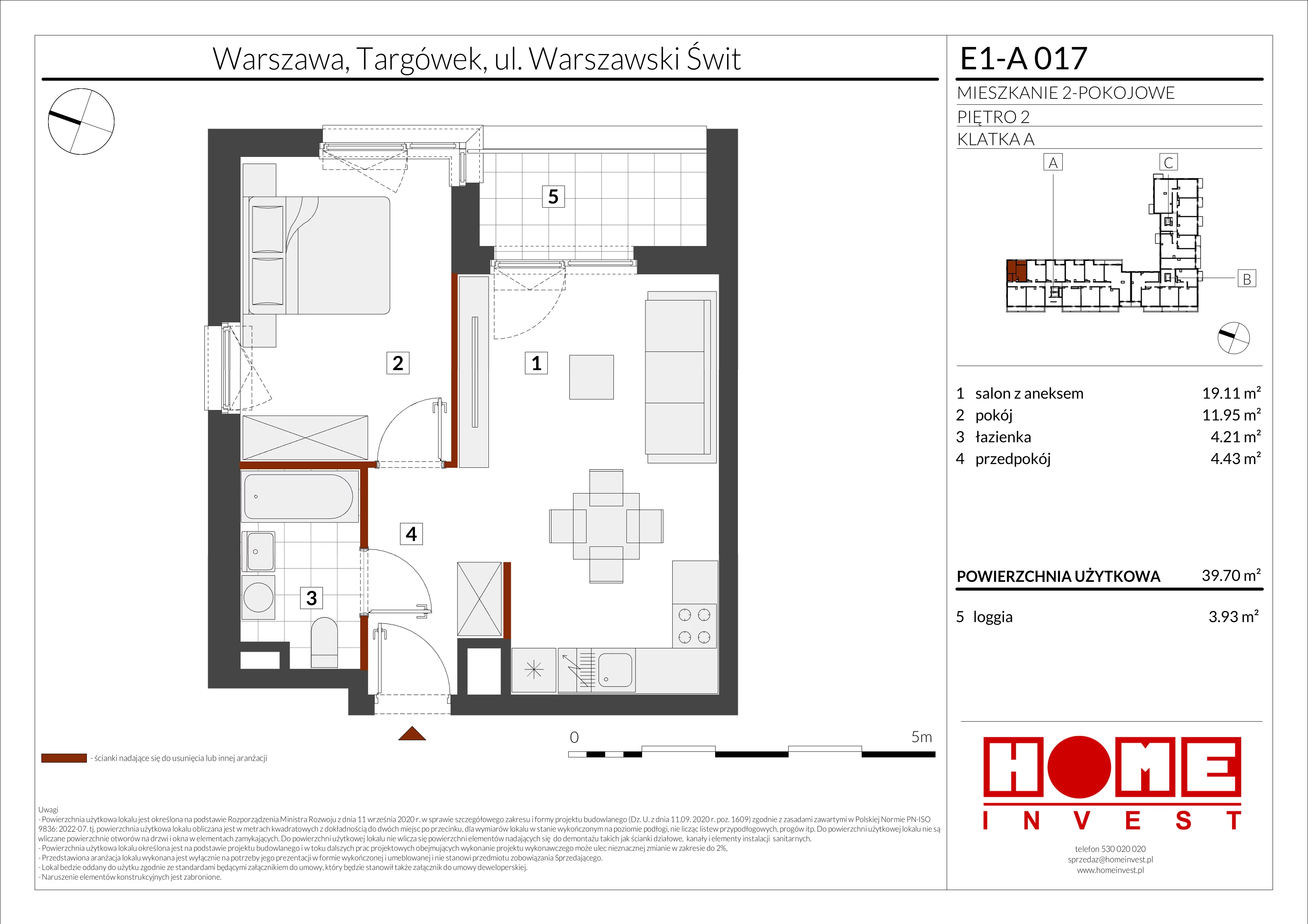 2 pokoje, mieszkanie 39,70 m², piętro 2, oferta nr E1-A017, Warszawski Świt Etap X, Warszawa, Targówek, Bródno, ul. Warszawski Świt