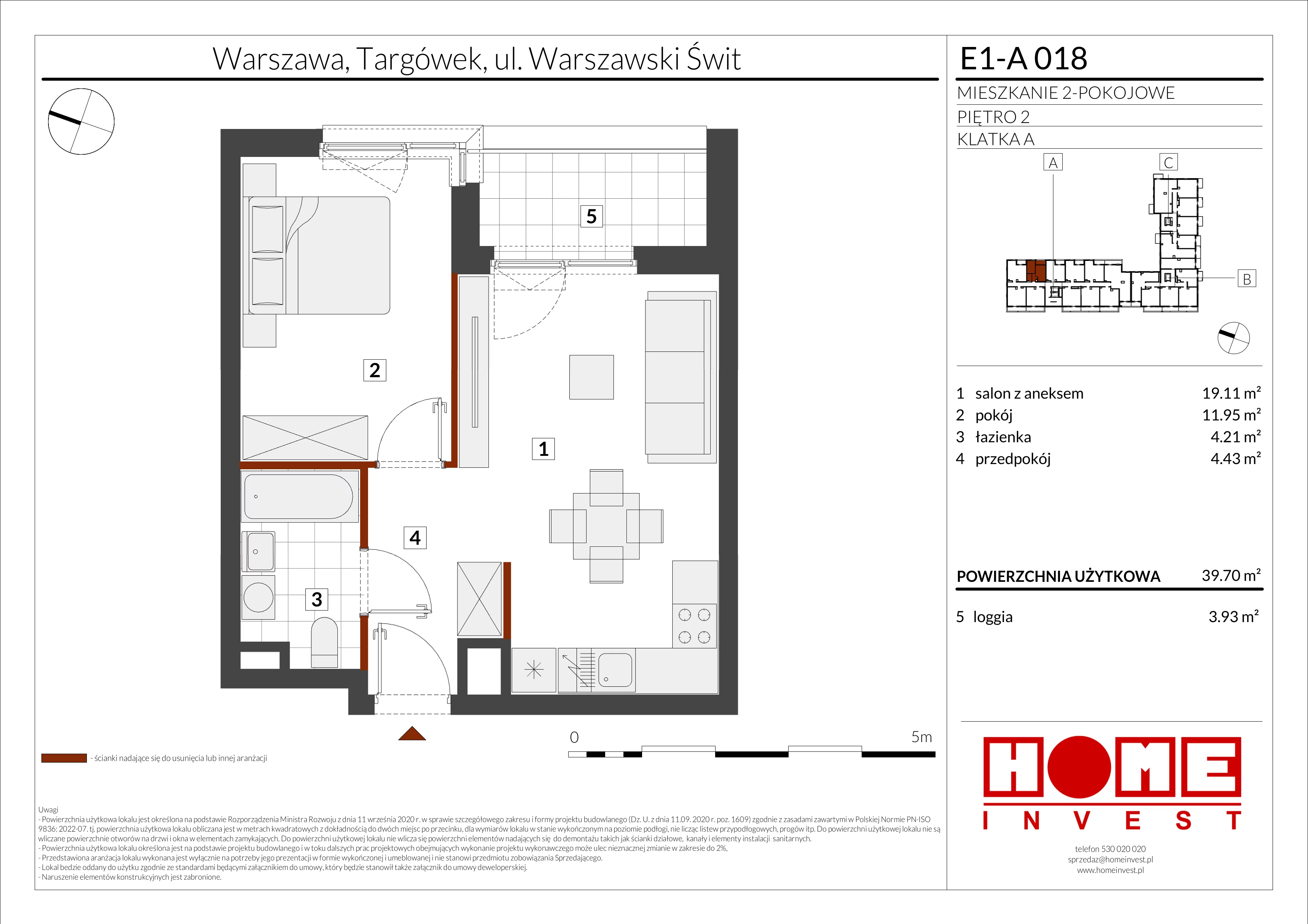 2 pokoje, mieszkanie 39,70 m², piętro 2, oferta nr E1-A018, Warszawski Świt Etap X, Warszawa, Targówek, Bródno, ul. Warszawski Świt