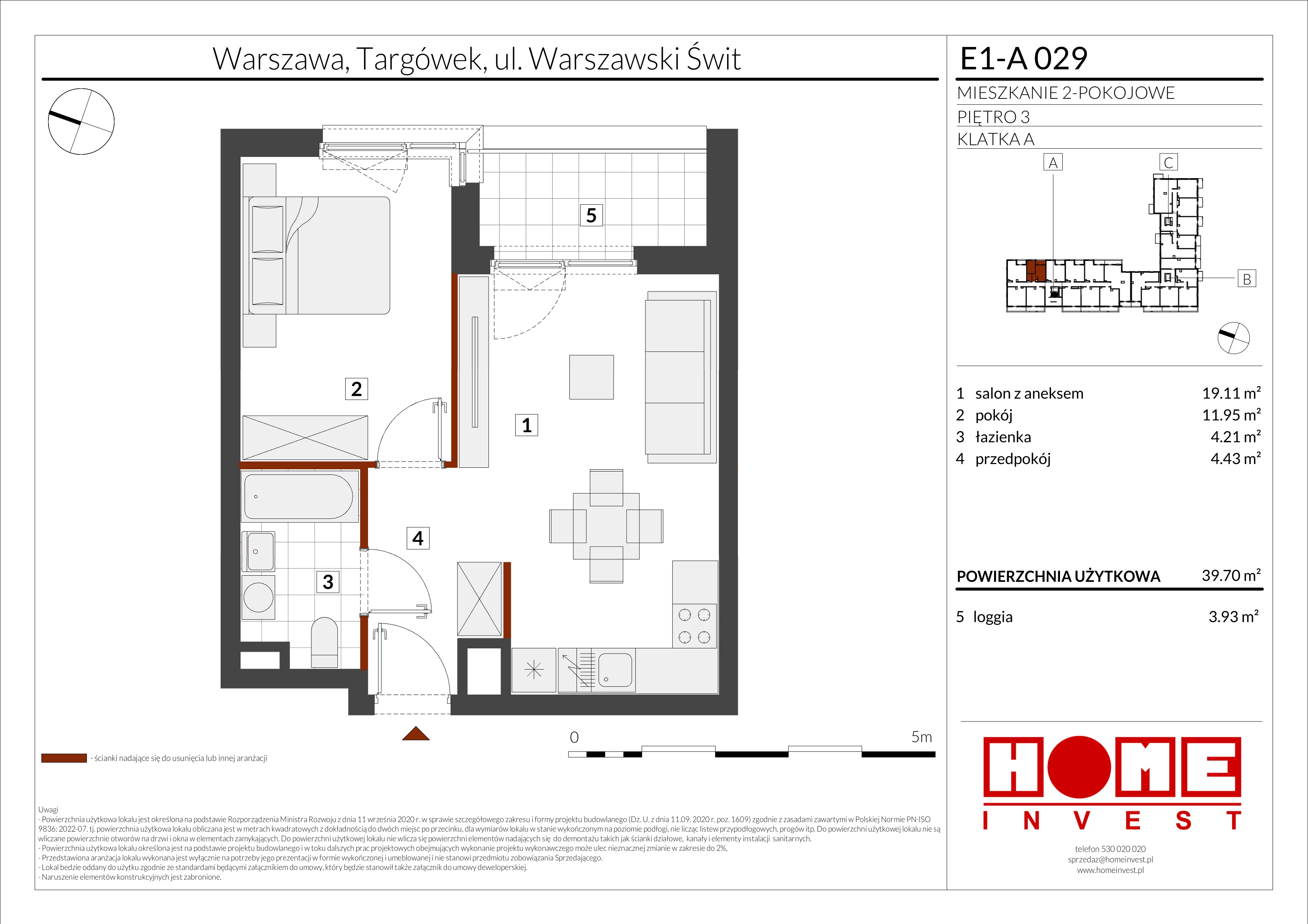 2 pokoje, mieszkanie 39,70 m², piętro 3, oferta nr E1-A029, Warszawski Świt Etap X, Warszawa, Targówek, Bródno, ul. Warszawski Świt