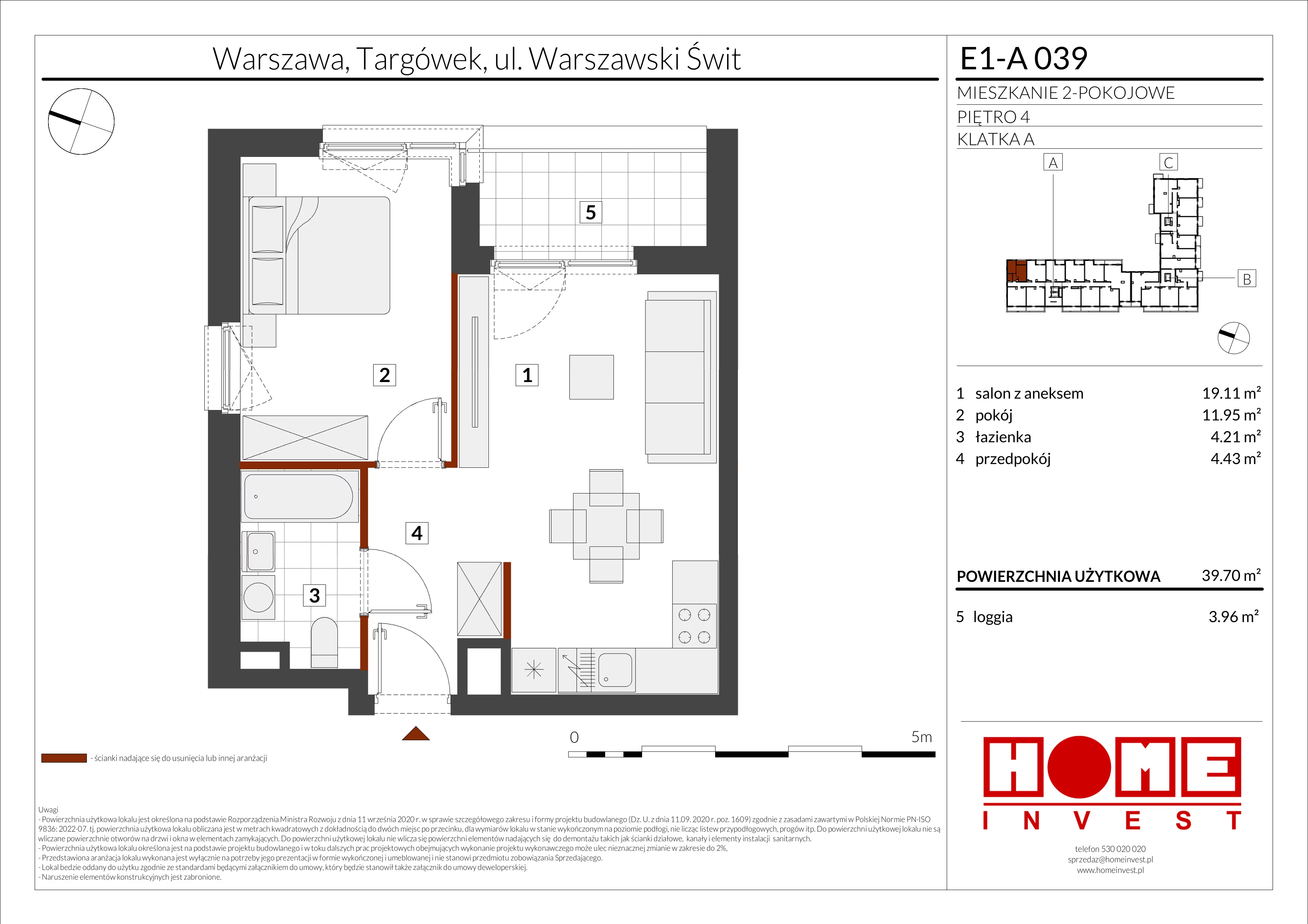 2 pokoje, mieszkanie 39,70 m², piętro 4, oferta nr E1-A039, Warszawski Świt Etap X, Warszawa, Targówek, Bródno, ul. Warszawski Świt