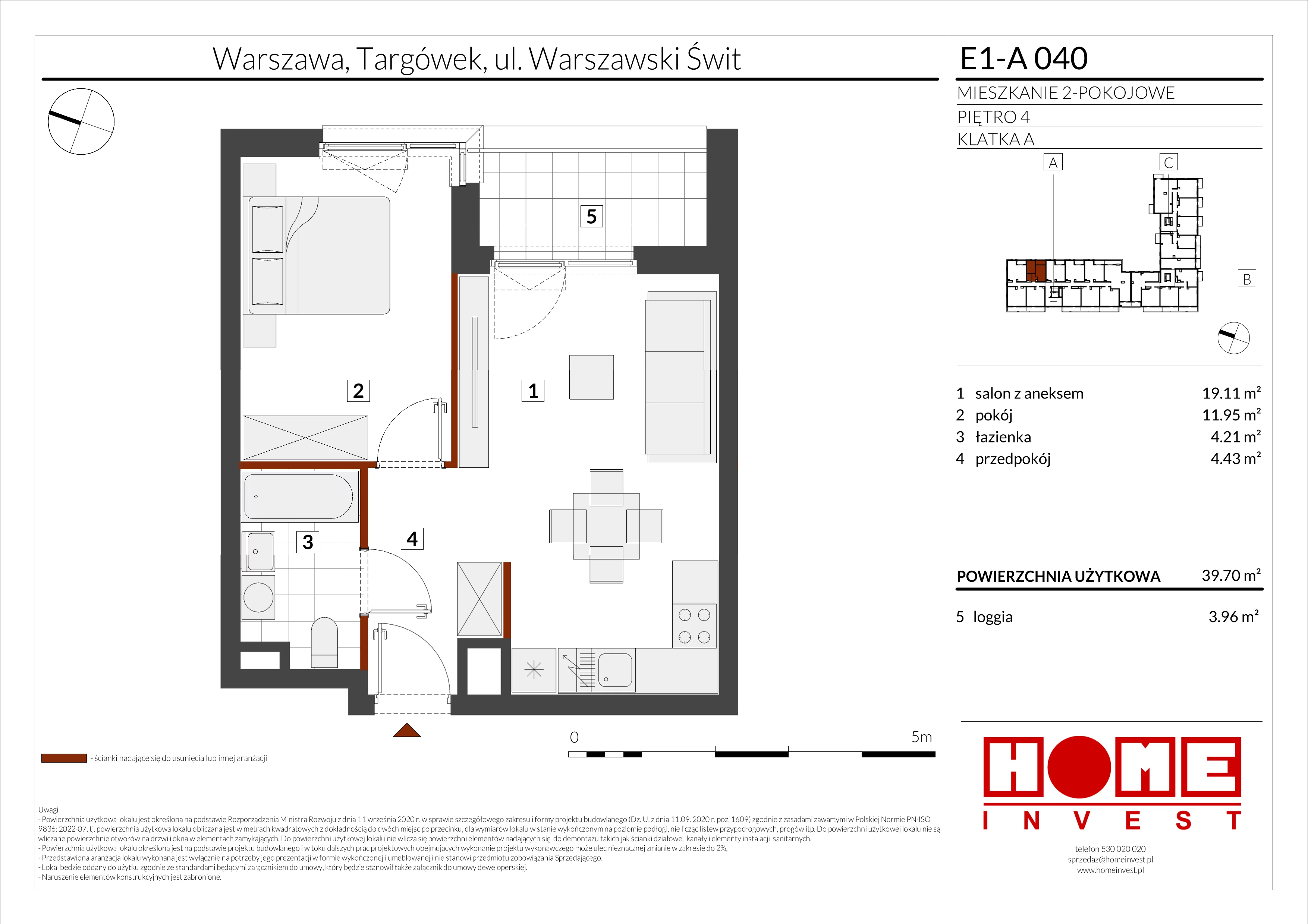 2 pokoje, mieszkanie 39,70 m², piętro 4, oferta nr E1-A040, Warszawski Świt Etap X, Warszawa, Targówek, Bródno, ul. Warszawski Świt
