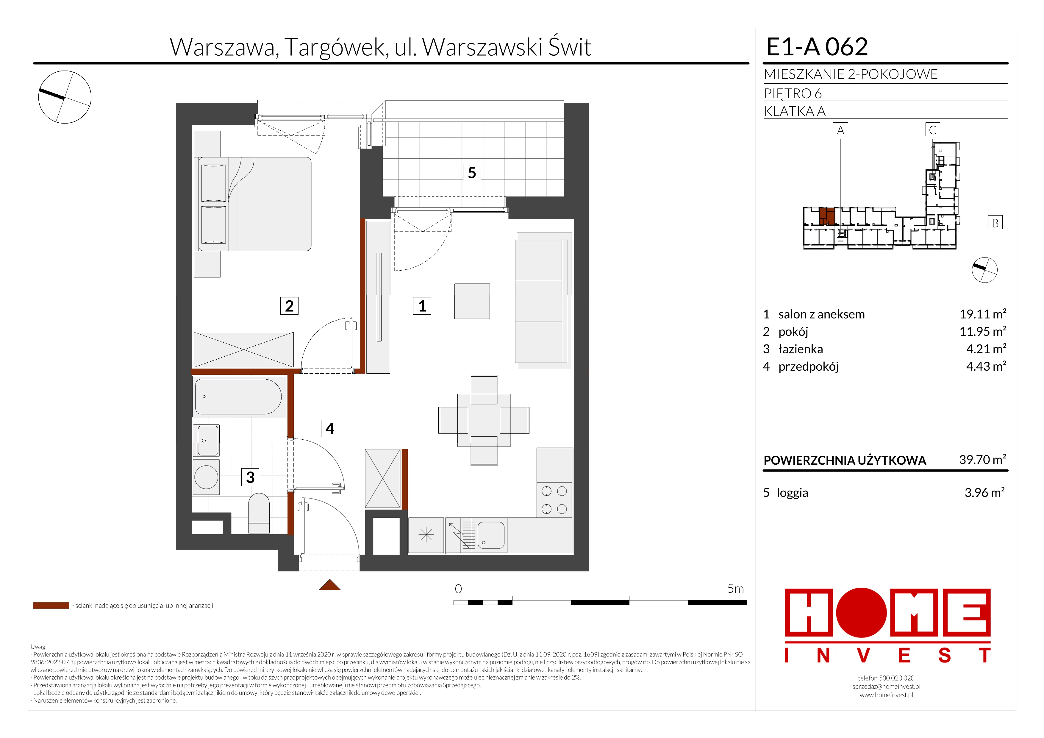 2 pokoje, mieszkanie 39,70 m², piętro 6, oferta nr E1-A062, Warszawski Świt Etap X, Warszawa, Targówek, Bródno, ul. Warszawski Świt
