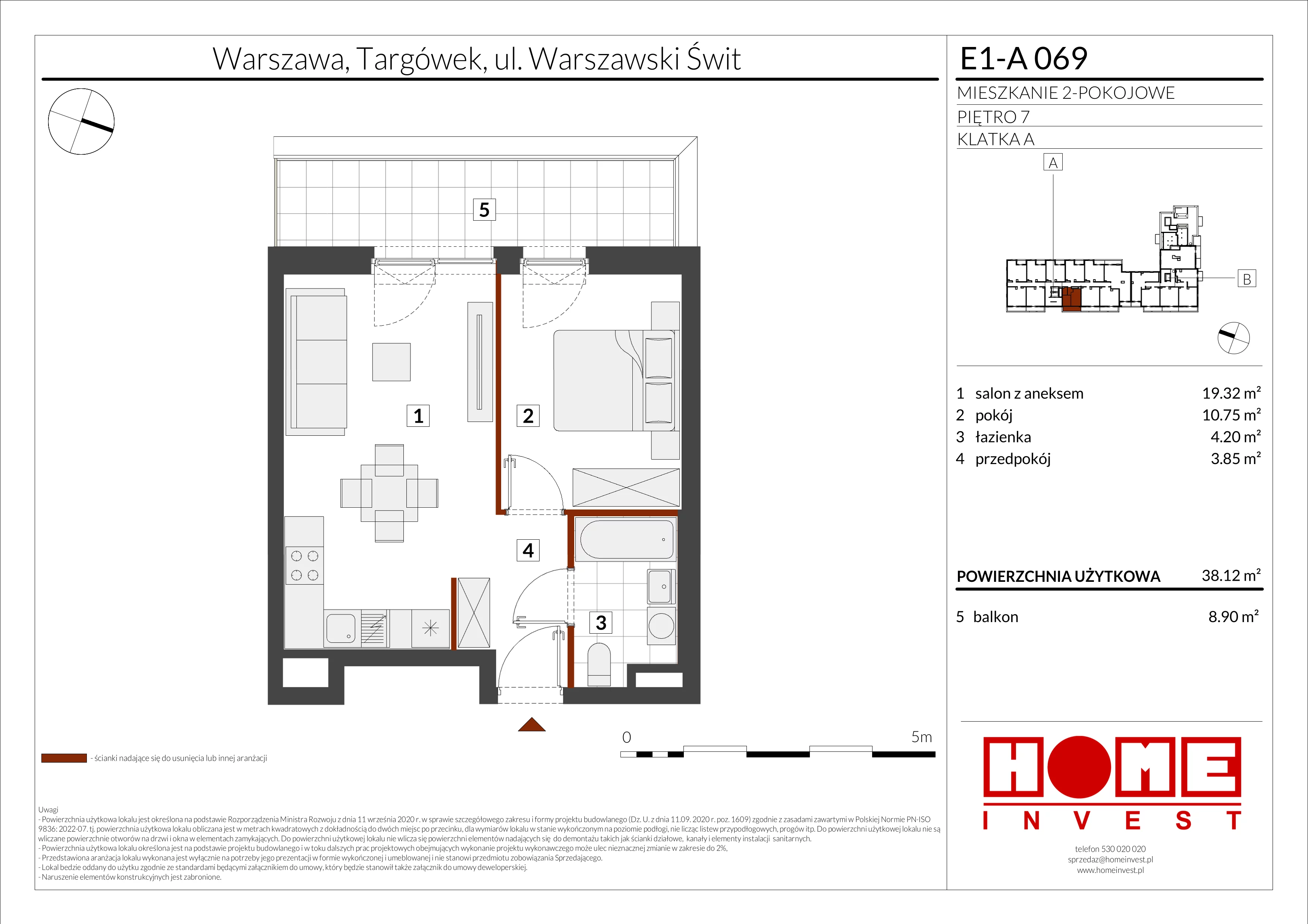 2 pokoje, mieszkanie 38,12 m², piętro 7, oferta nr E1-A069, Warszawski Świt Etap X, Warszawa, Targówek, Bródno, ul. Warszawski Świt