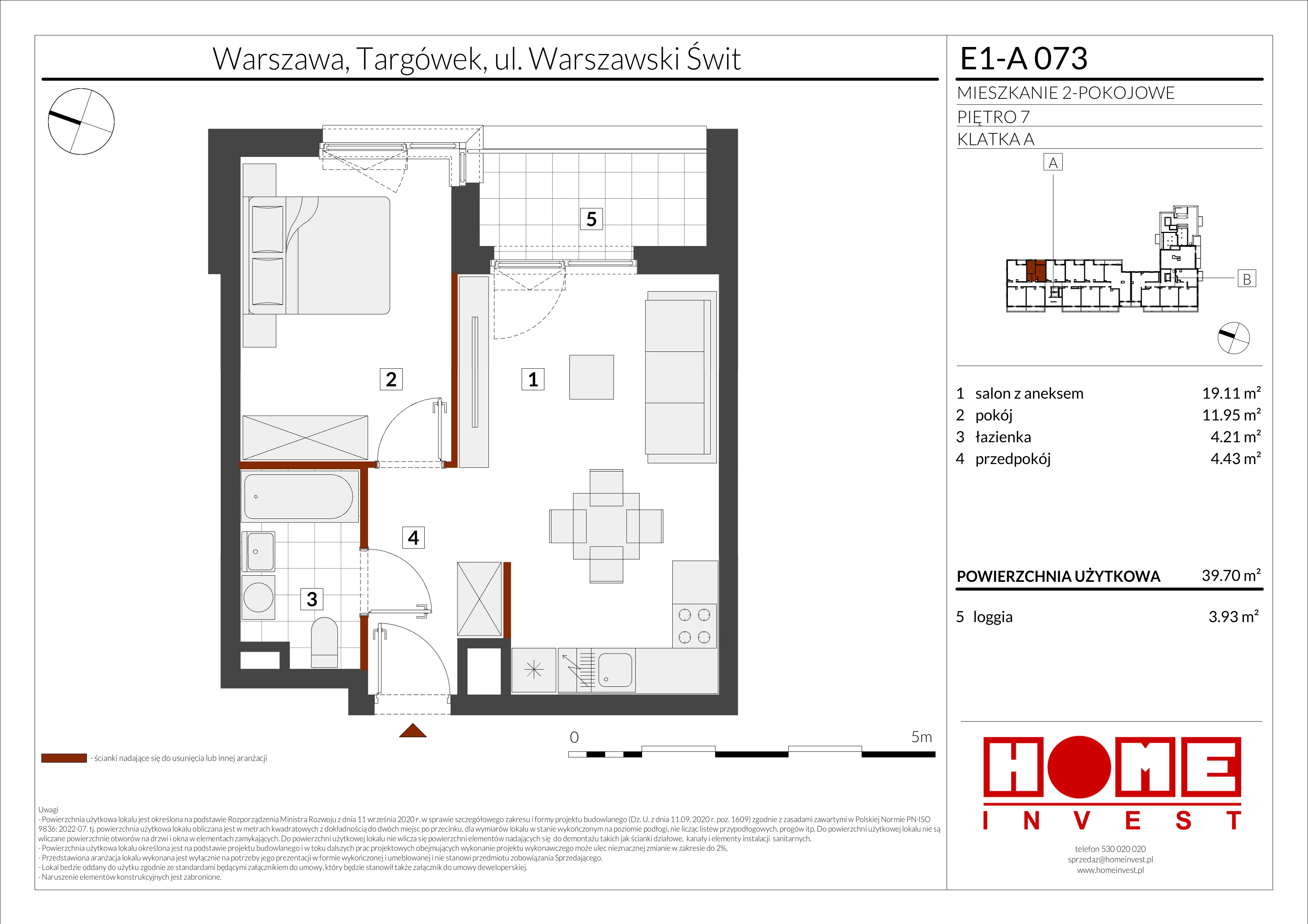 2 pokoje, mieszkanie 39,70 m², piętro 7, oferta nr E1-A073, Warszawski Świt Etap X, Warszawa, Targówek, Bródno, ul. Warszawski Świt