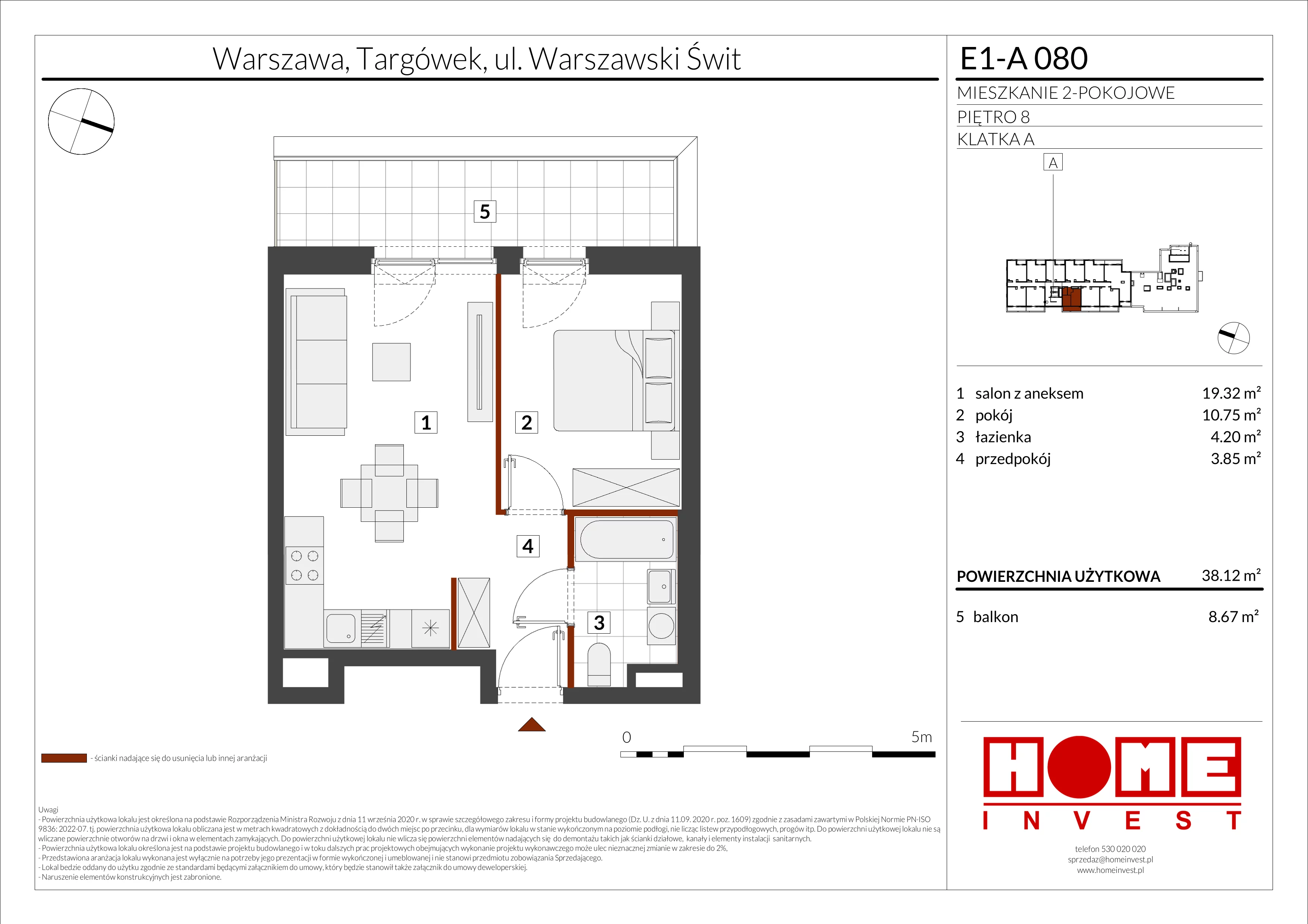 2 pokoje, mieszkanie 38,12 m², piętro 8, oferta nr E1-A080, Warszawski Świt Etap X, Warszawa, Targówek, Bródno, ul. Warszawski Świt