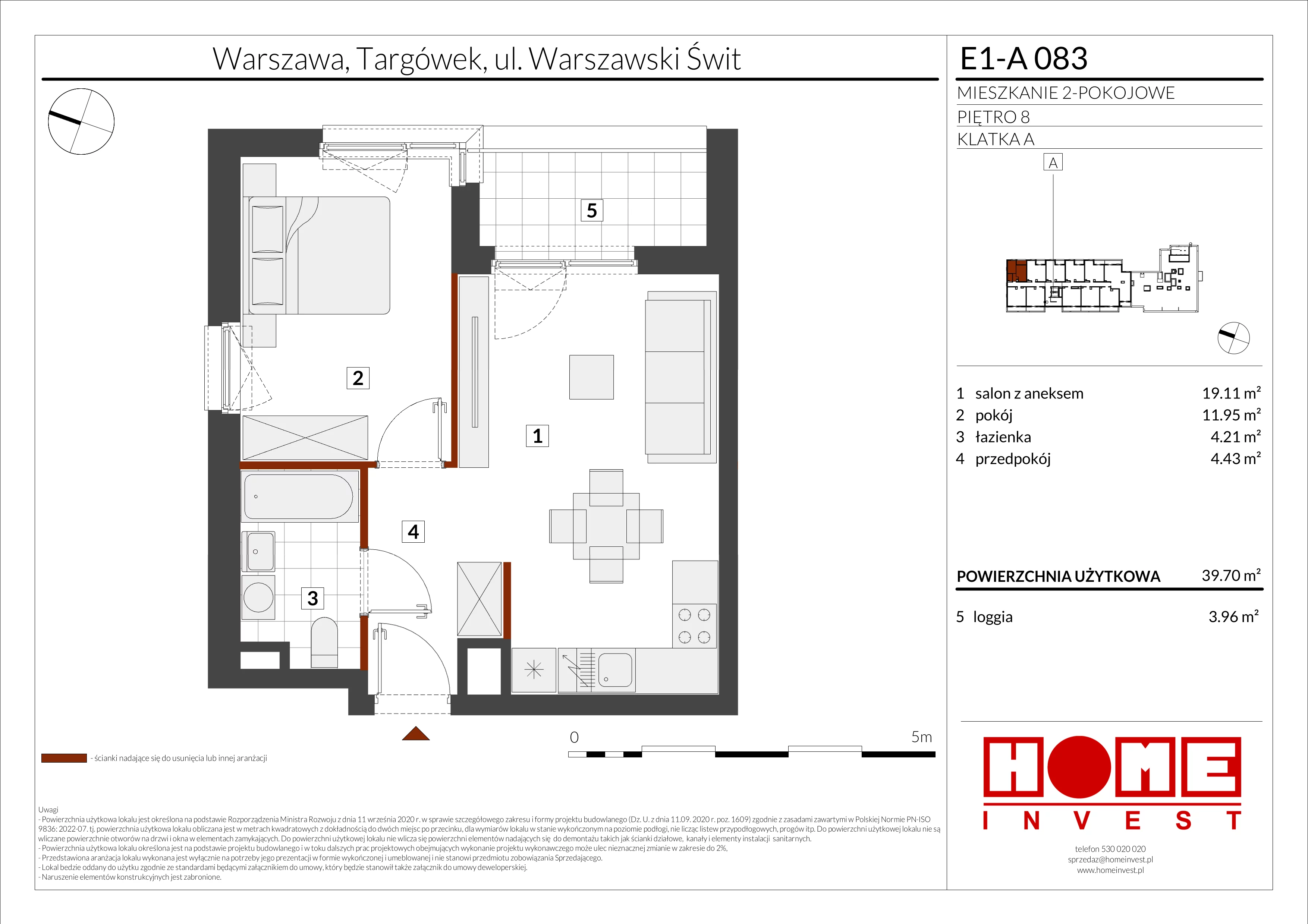 2 pokoje, mieszkanie 39,70 m², piętro 8, oferta nr E1-A083, Warszawski Świt Etap X, Warszawa, Targówek, Bródno, ul. Warszawski Świt