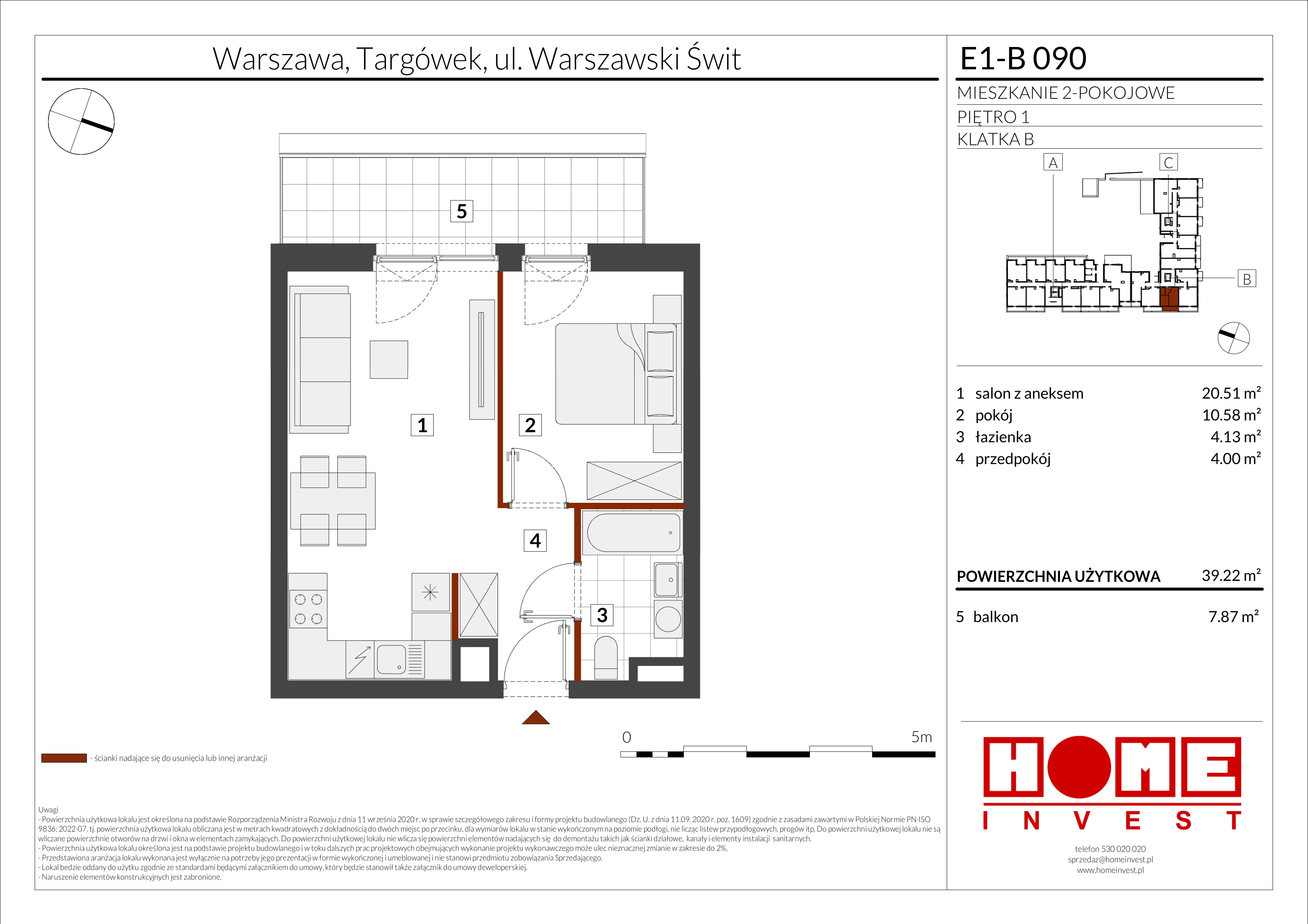 2 pokoje, mieszkanie 39,22 m², piętro 1, oferta nr E1-B090, Warszawski Świt Etap X, Warszawa, Targówek, Bródno, ul. Warszawski Świt