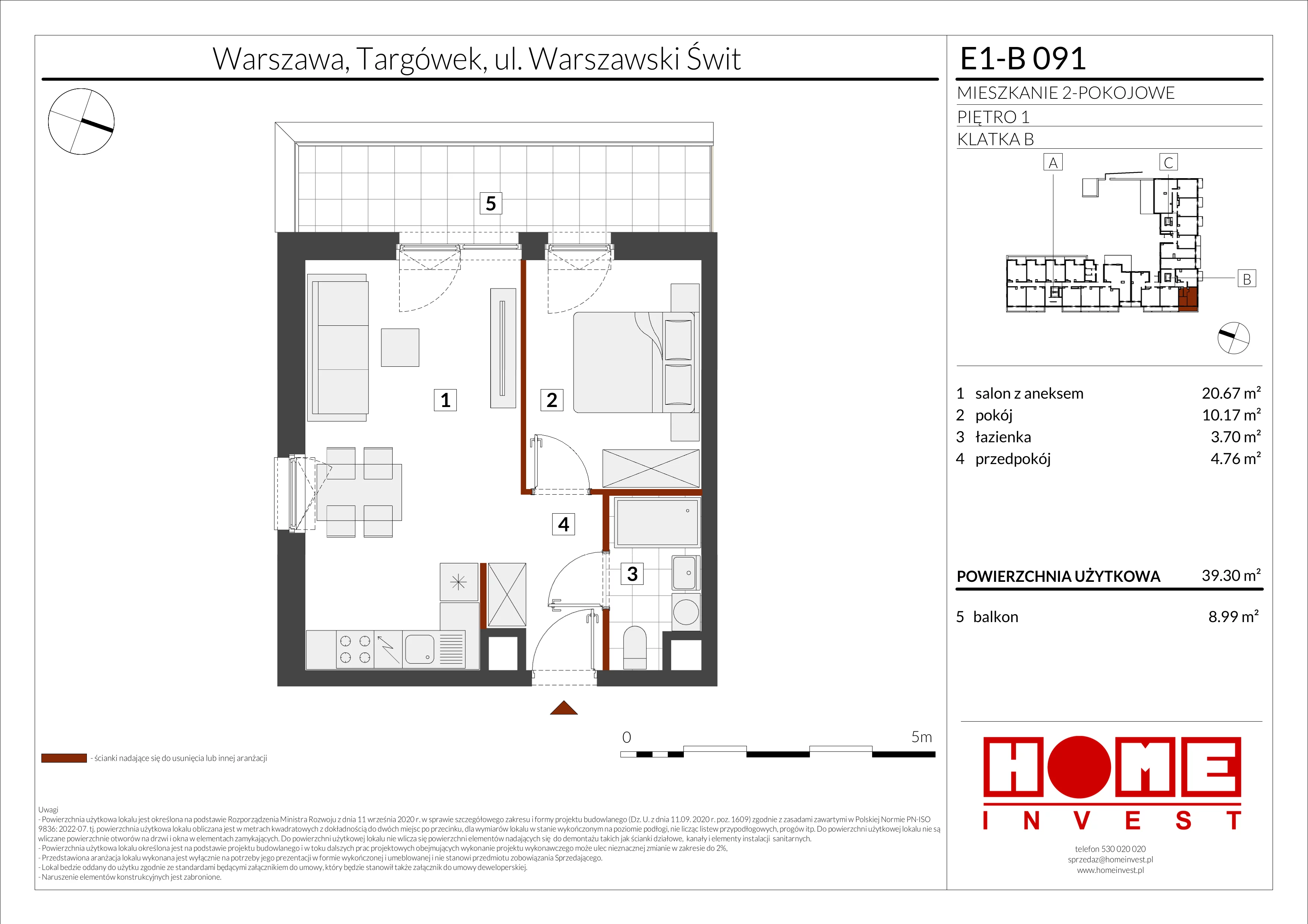 2 pokoje, mieszkanie 39,30 m², piętro 1, oferta nr E1-B091, Warszawski Świt Etap X, Warszawa, Targówek, Bródno, ul. Warszawski Świt