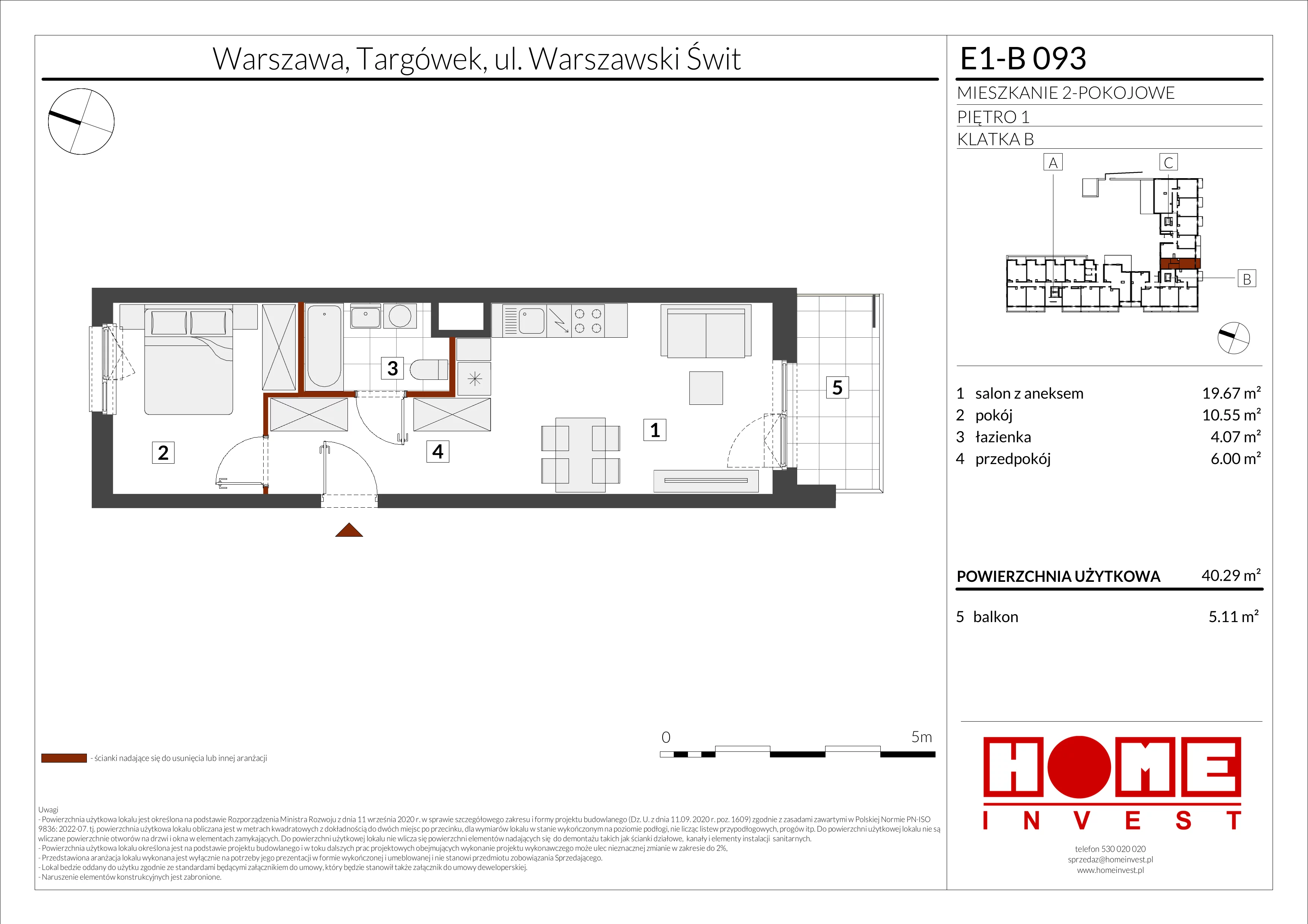 2 pokoje, mieszkanie 40,29 m², piętro 1, oferta nr E1-B093, Warszawski Świt Etap X, Warszawa, Targówek, Bródno, ul. Warszawski Świt