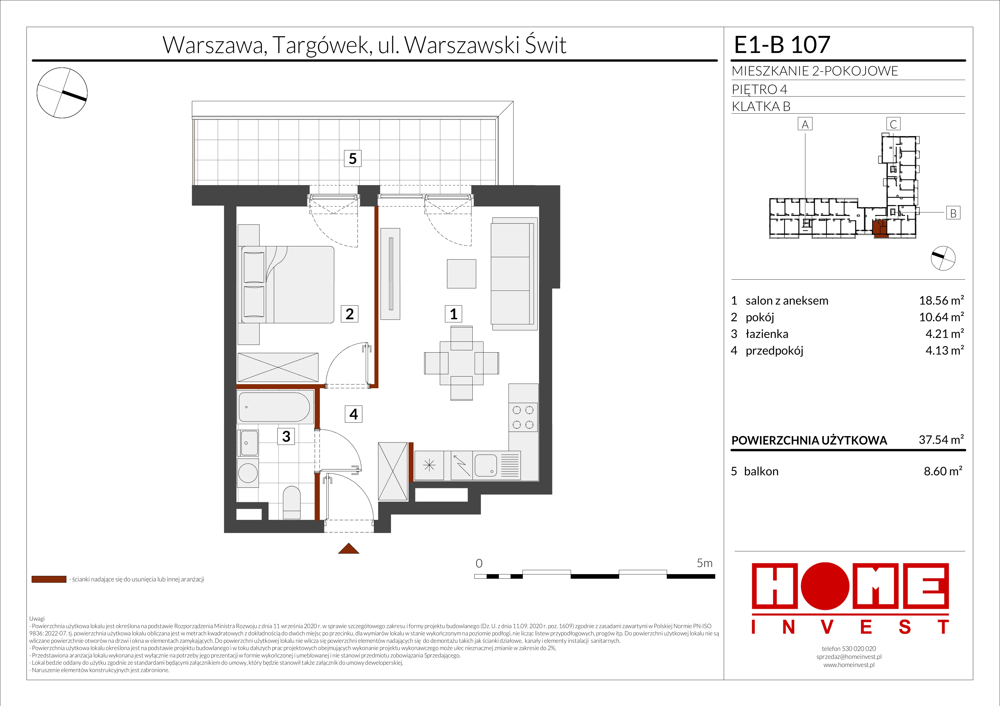 2 pokoje, mieszkanie 37,54 m², piętro 4, oferta nr E1-B107, Warszawski Świt Etap X, Warszawa, Targówek, Bródno, ul. Warszawski Świt